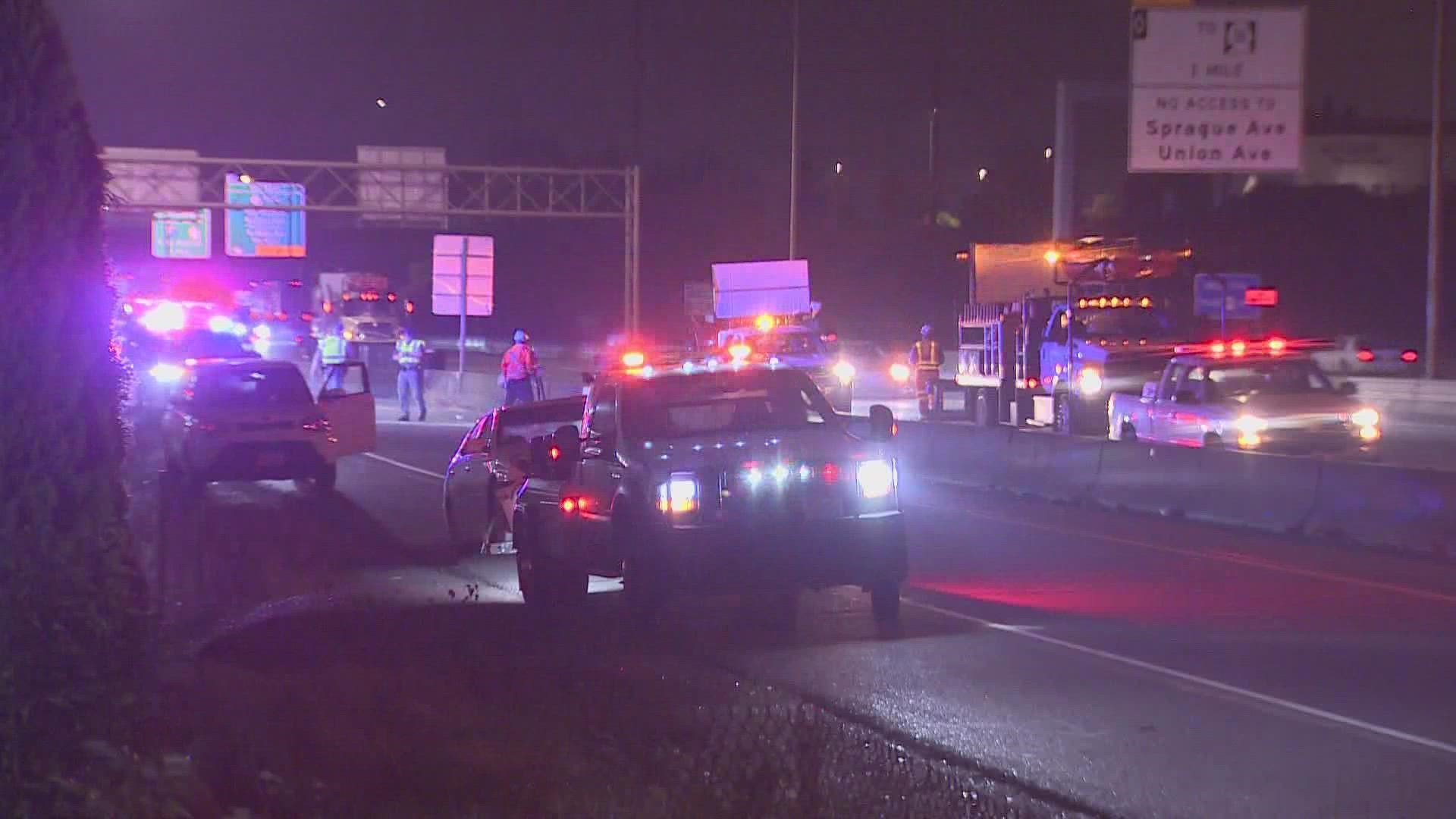 Several cars, WSDOT vehicles and a state trooper were involved in a crash on southbound I-5 in Tacoma early Friday morning.