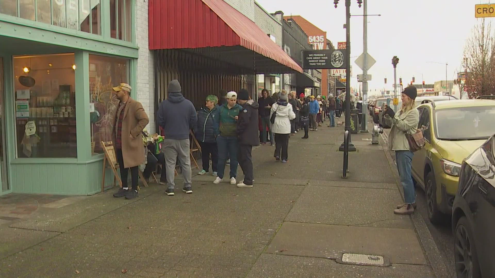 Long lines formed outside of Howdy Bagel on its first day back open since the death of co-owner Jacob Carter in January