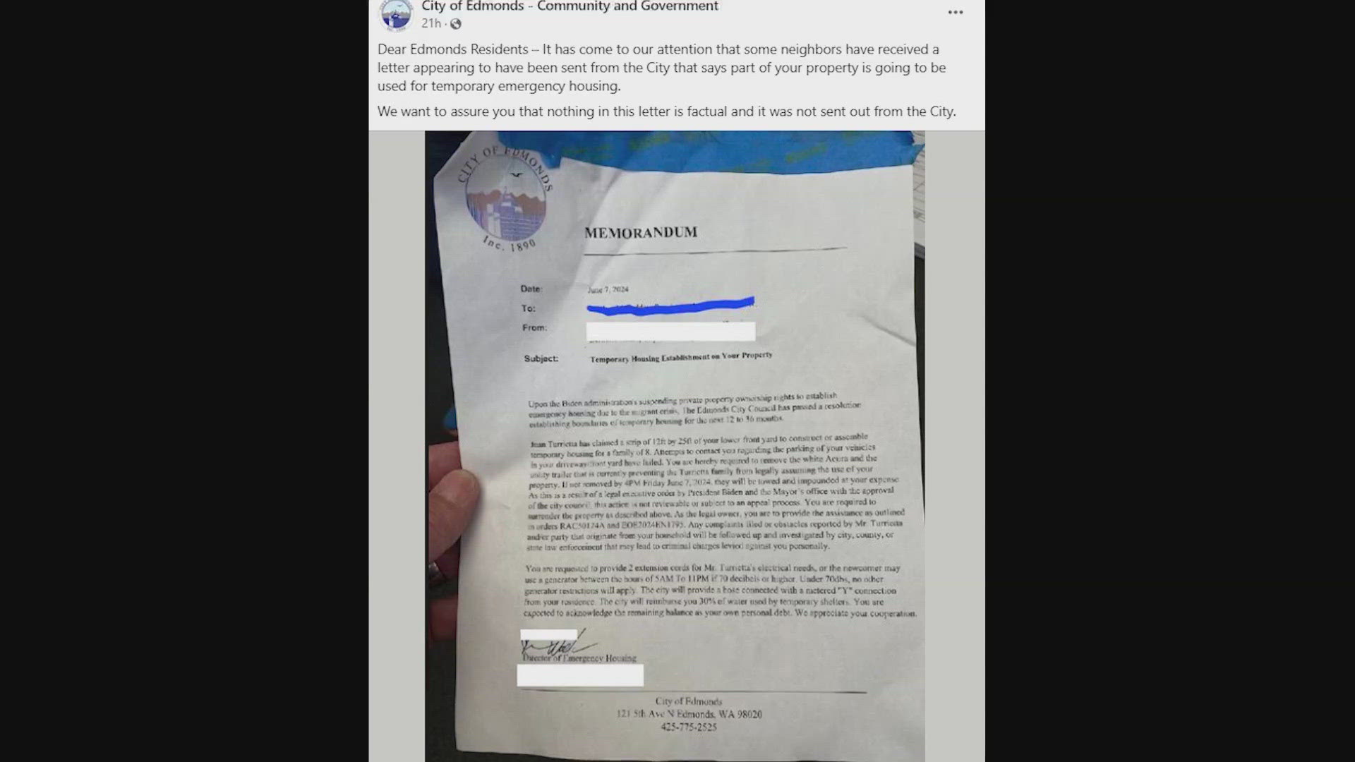 The letter claims that the Biden administration suspended "private property ownership rights to establish emergency housing due to the migrant crisis."