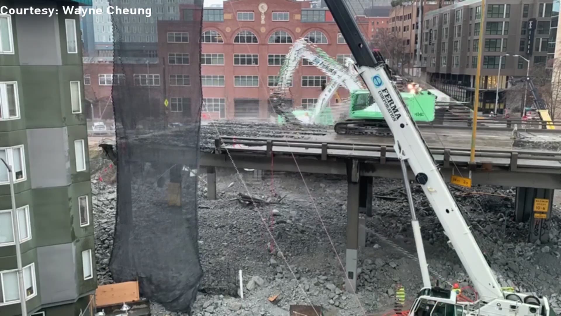 A view of demolition work on the Alaskan Way Viaduct on March 8, 2019.