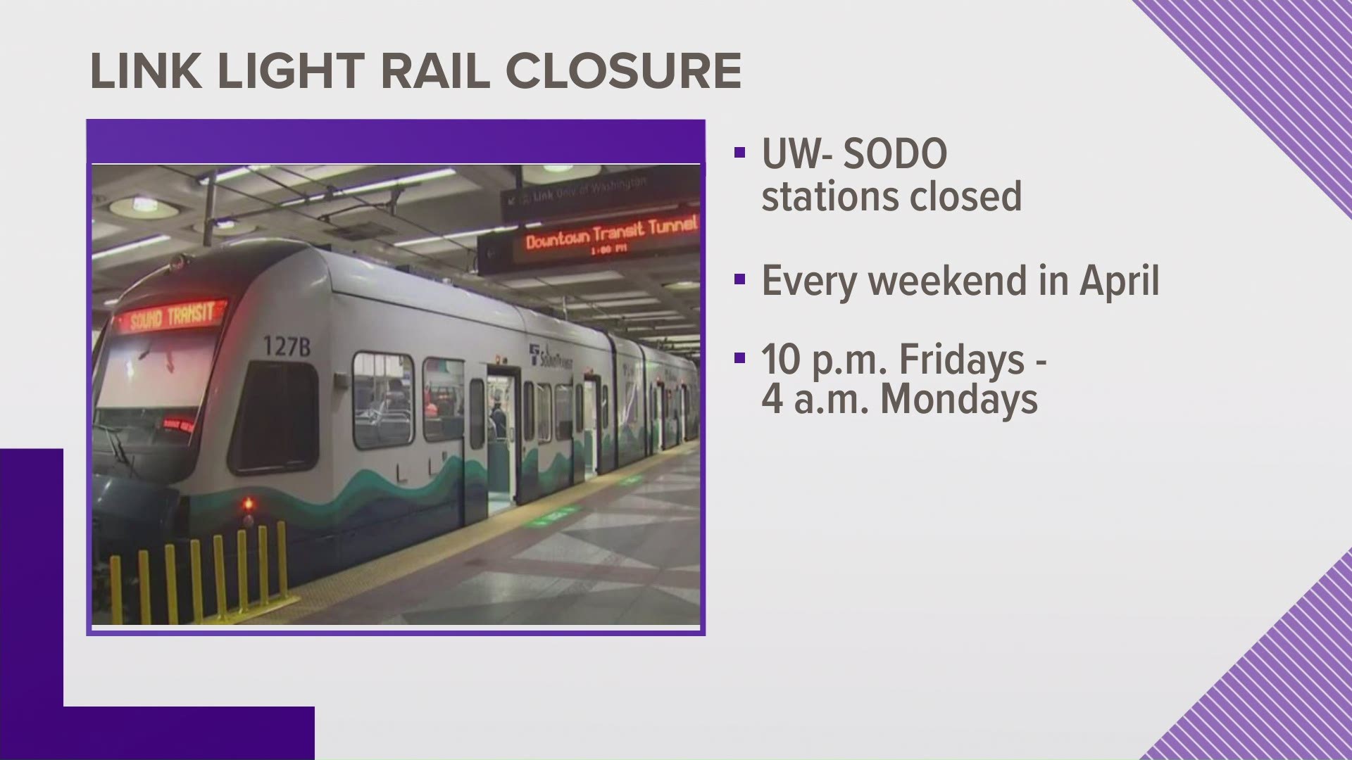 Crews will work to connect the East Link systems during the closure. Link shuttle buses will make surface stops at the closed stations between SODO and UW.