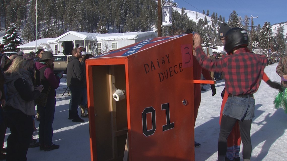 Outhouses race through the streets in Conconully 