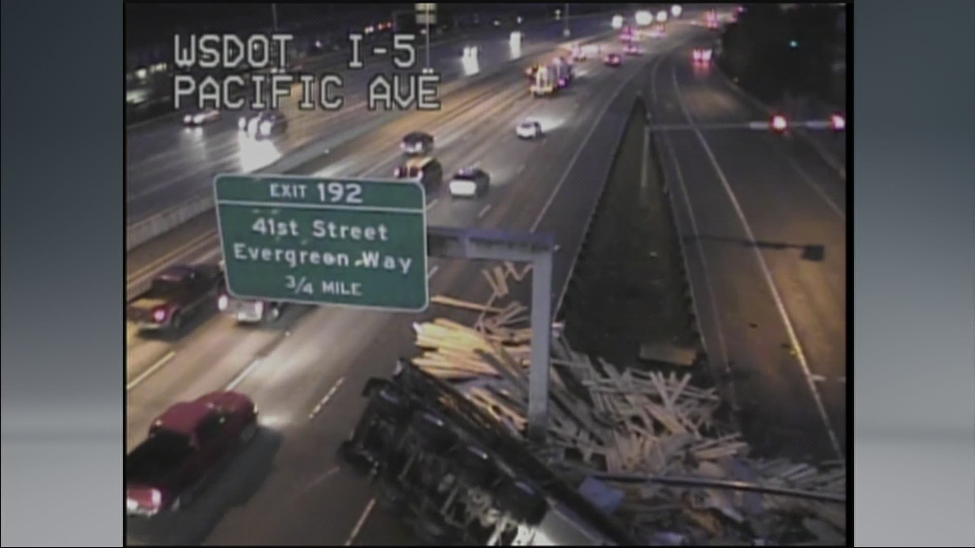 An overturned semi blocked traffic on southbound I-5 at Pacific Avenue in Everett on Friday morning.