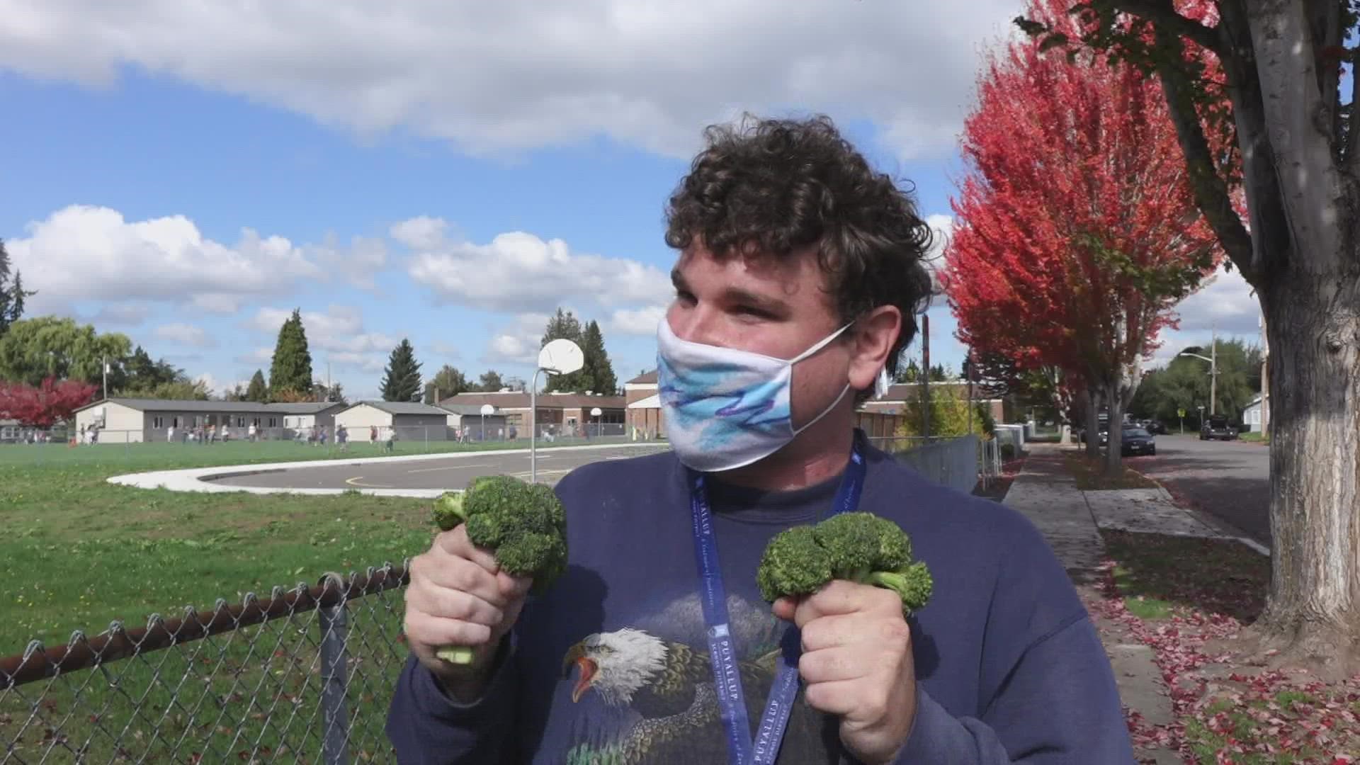 He's known as the "Broccoli guy" for dancing at Seattle sporting events with the vegetable in-hand. But he's a substitute teacher by day and has a message to share.