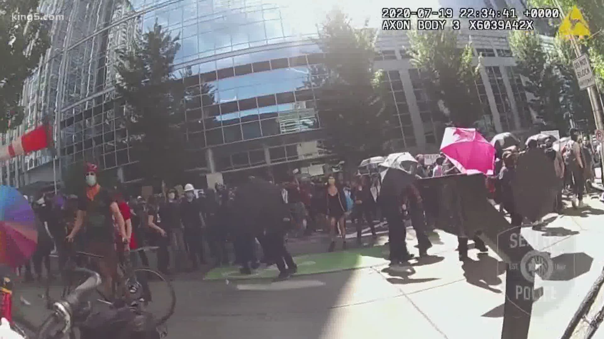 Video released from the Seattle Police Department shows how quickly the situation escalated Sunday when protesters marched to the department’s West Precinct.