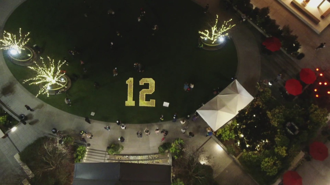 Glowing glass '12' lights up Seattle as Seahawks fans celebrate final Blue Friday before Super Bowl