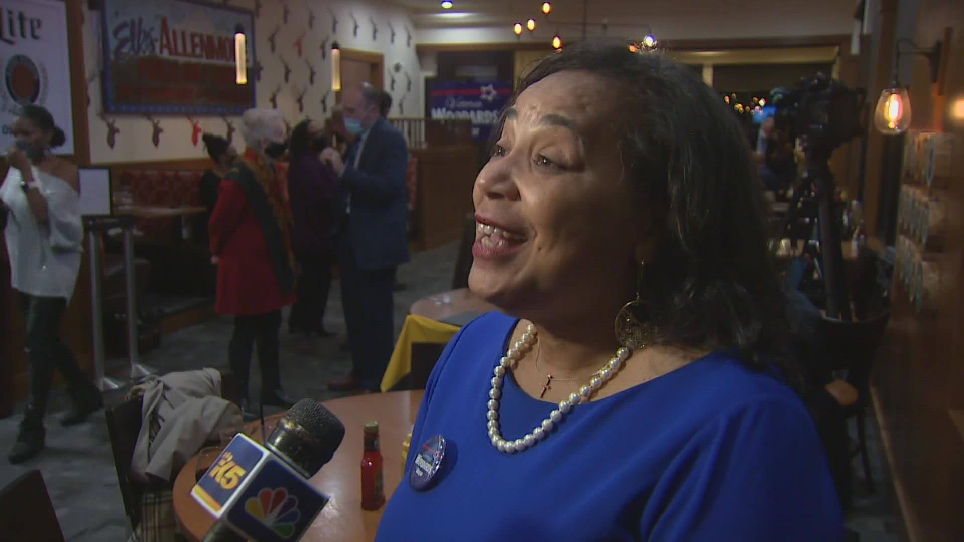 Victoria Woodards received 58% of the vote following an initial count Tuesday night.
