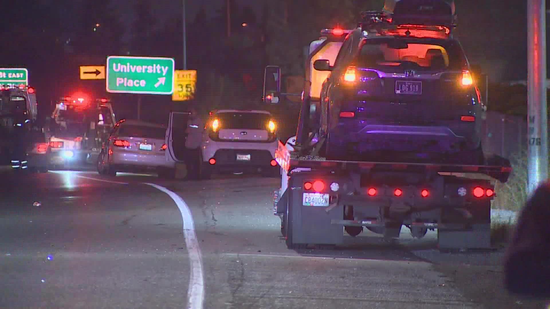 Two WSDOT vehicles and a state trooper vehicle were involved in a series of crashes on southbound I-5 in Tacoma early Friday morning.