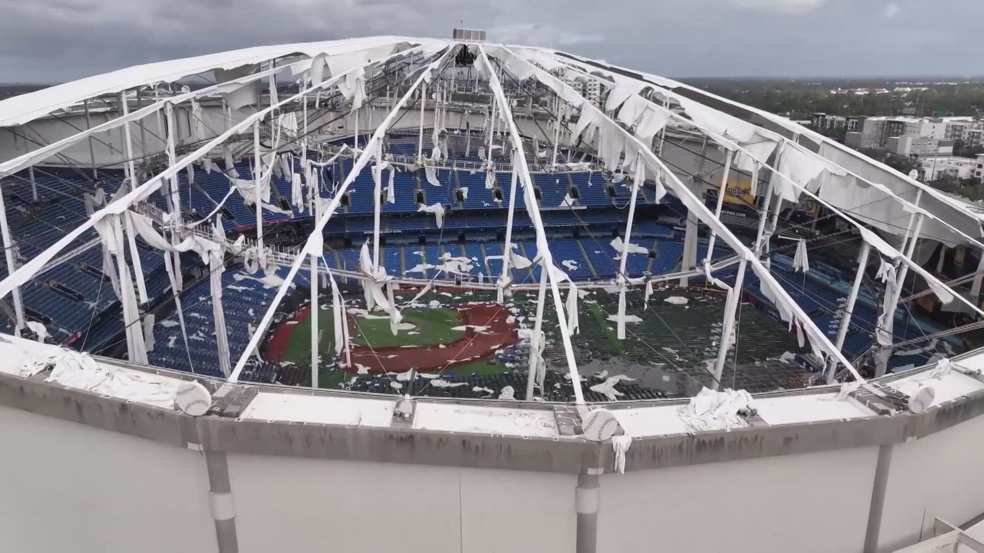 Boats were washed shore, power lines and trees were toppled and the roof of Tropicana Field, home of the Tampa Bay Rays, was completely destroyed by Hurricane Milton