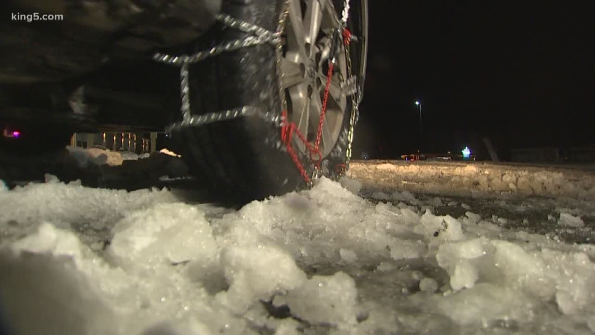 KING 5's Vanessa Misciagna is from New England, where tire chains aren't used. She tries to put chains on for the first time and offers tips for other first-timers