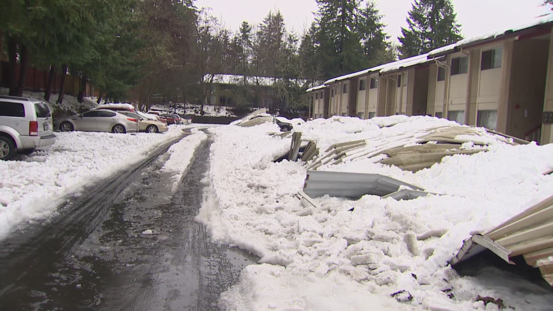 A carport collapsed under the weight of the snow in Lacey, Washington. A witness describes watching it come down.