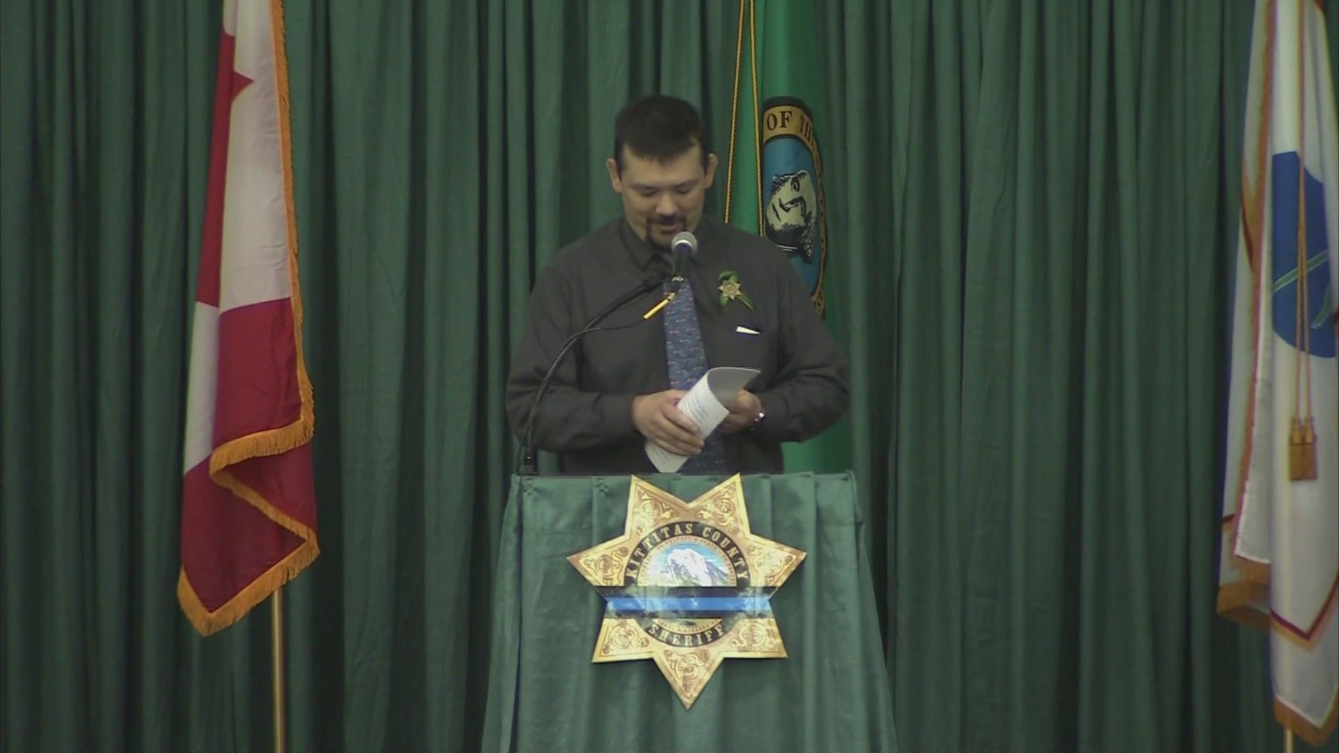 Jeremy Zender, a friend and college roommate of Deputy Ryan Thompson, speaks at Thompson’s memorial service on March 28, 2019.