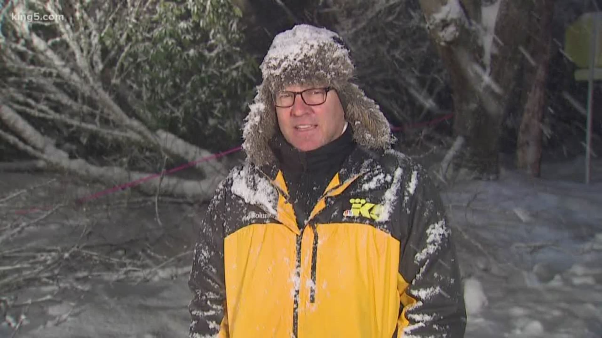 KING 5's Drew Mikkelsen reports from Thurston County on Sunday, where heavy snow caused power outages and major closures.
