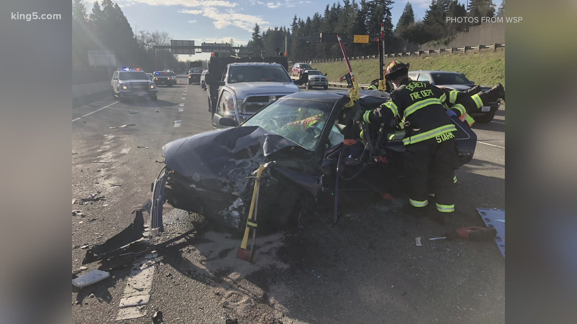 The Washington State Patrol said the causing driver was traveling south in the northbound lanes and hit another vehicle head-on just south of Broadway.