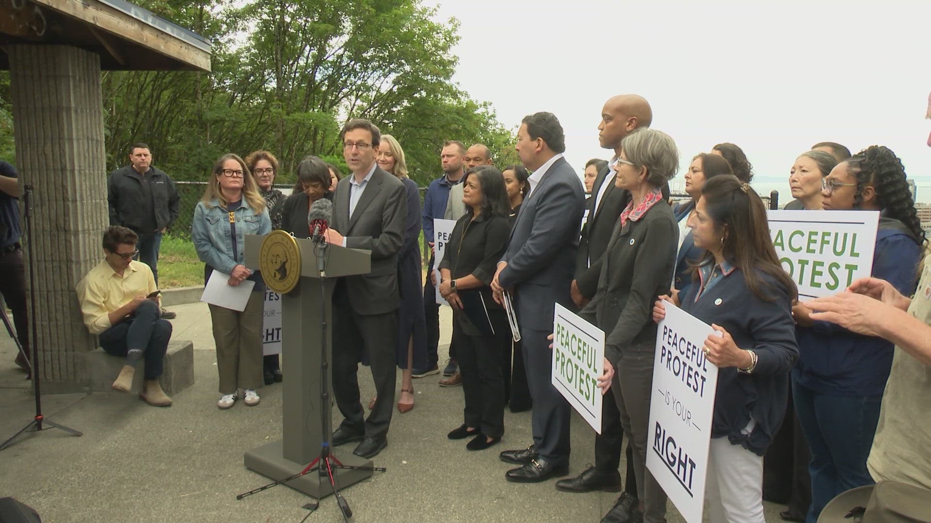Gov. Bob Ferguson said he has canceled his weekend plans to remain in Seattle as protests are expected across Washington state Saturday.