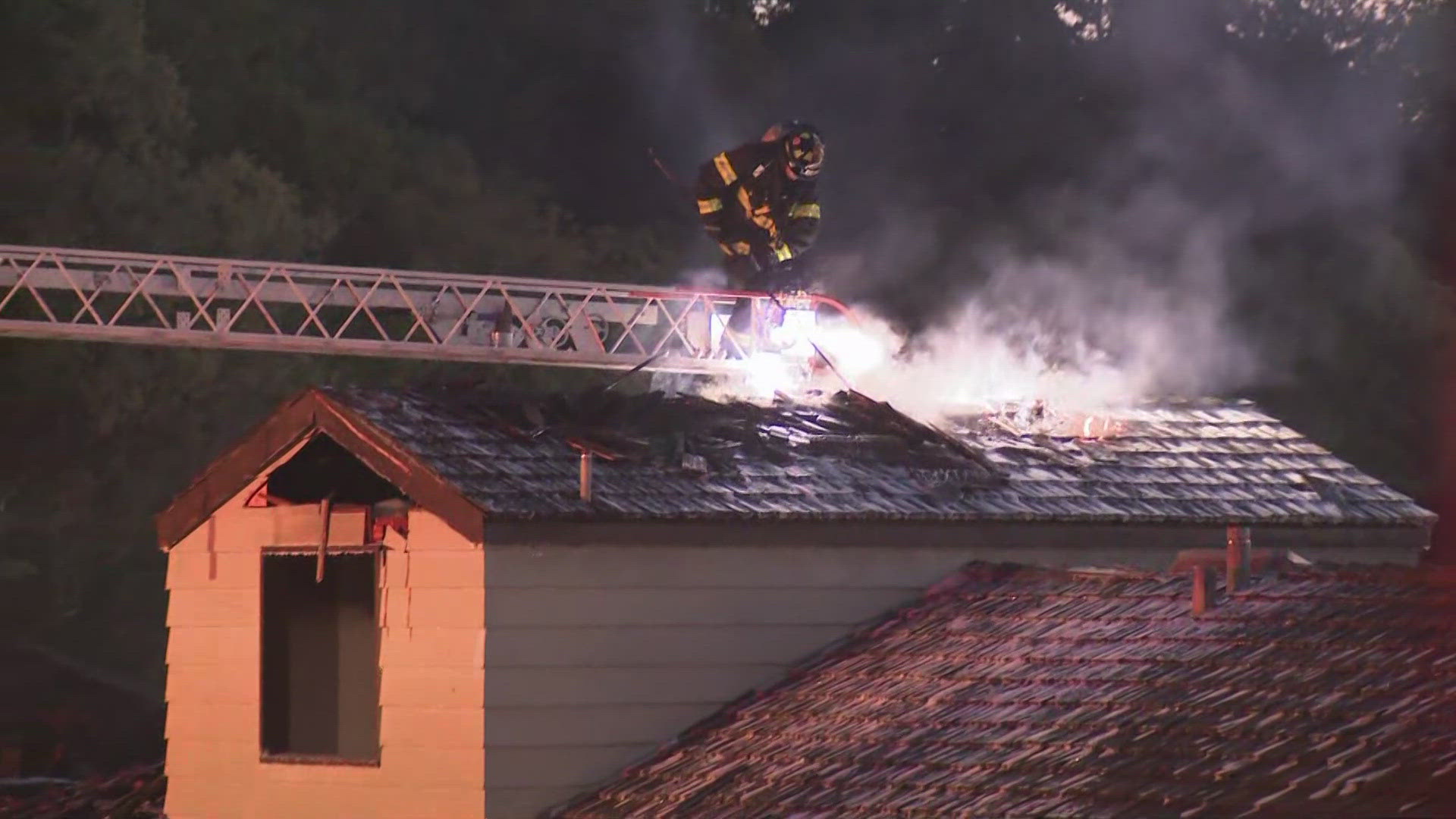 The fire broke out at the beach bathhouse. The roof partially collapsed. 