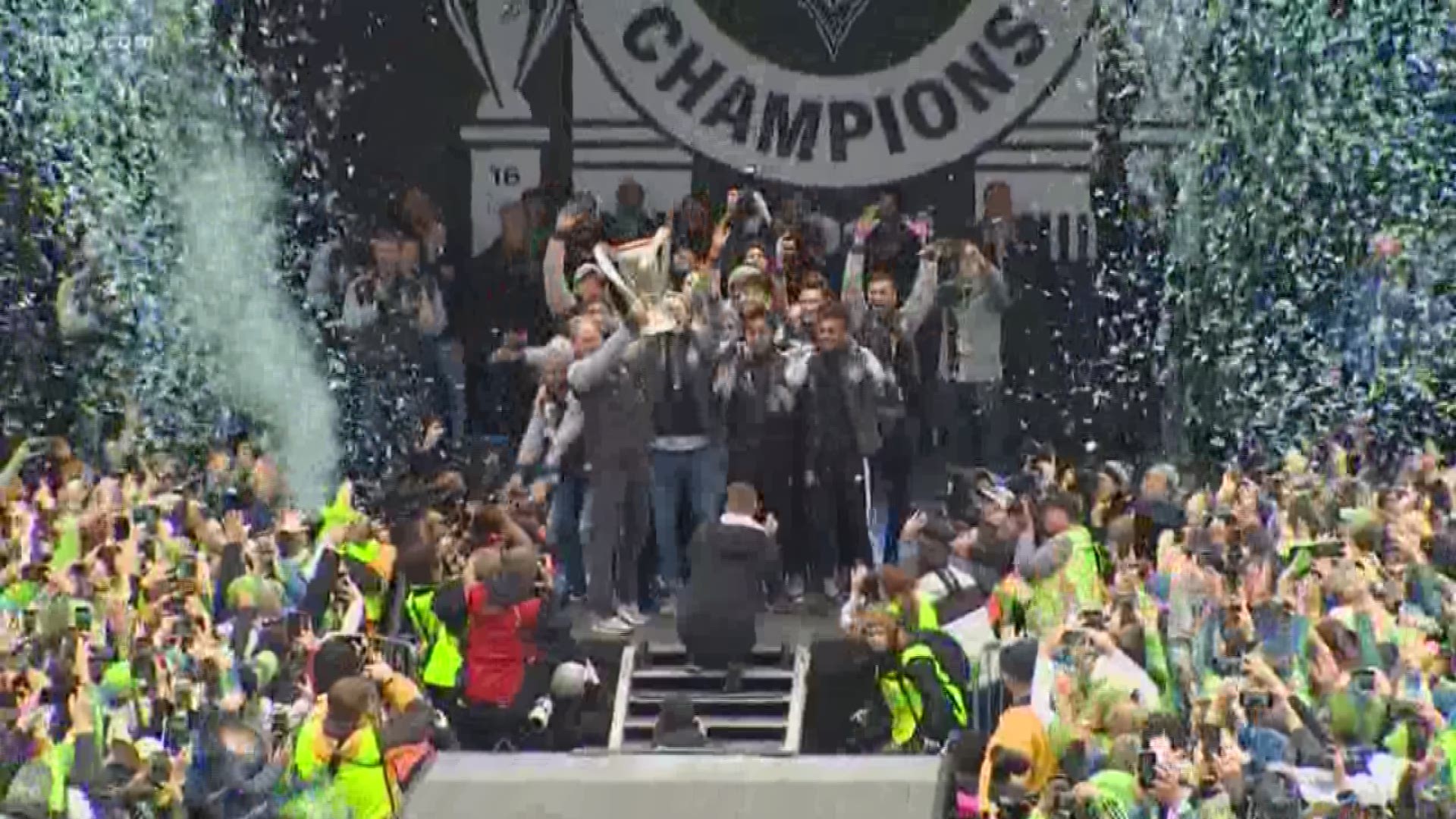 The Seattle Sounders celebrated their win with a parade through downtown and a rally at Seattle Center