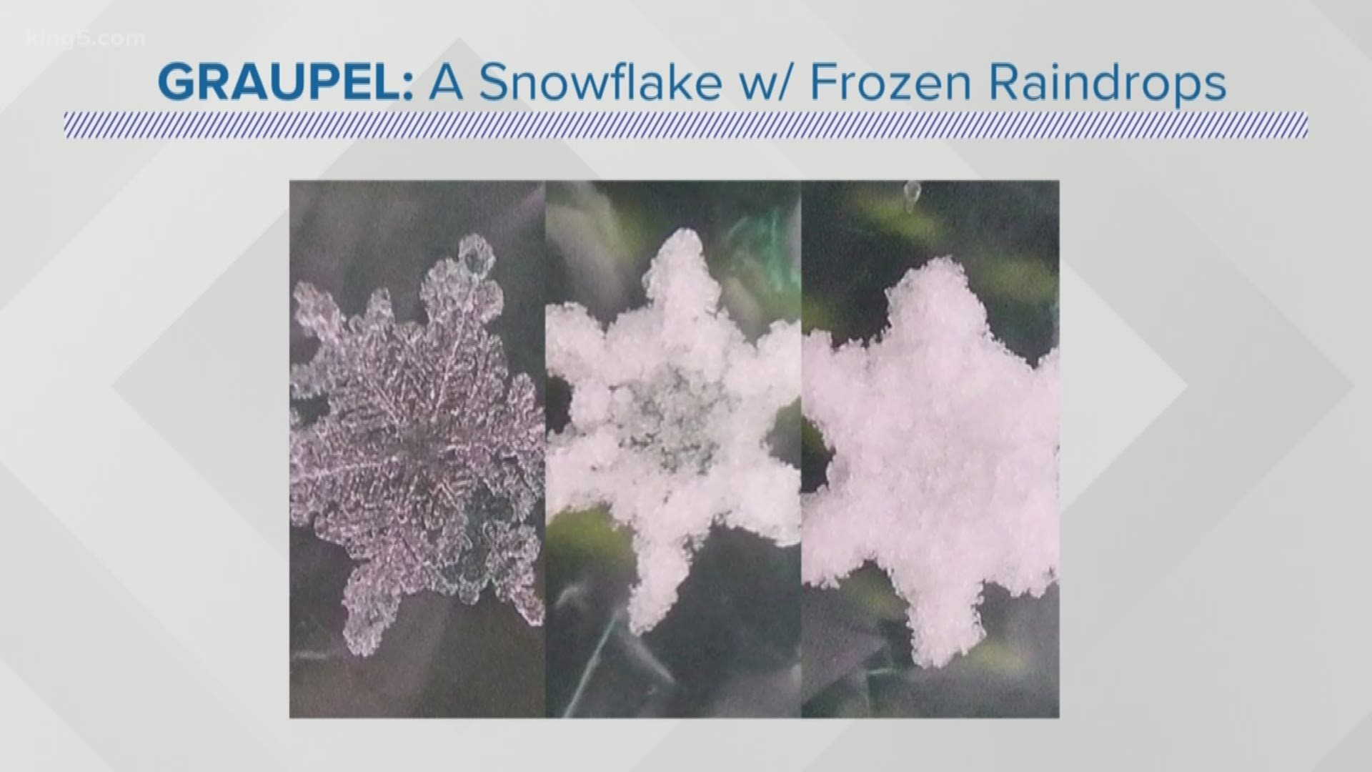 Graupel (a.k.a. soft hail or snow pellets) are soft small pellets of ice created when supercooled water droplets coat a snowflake.