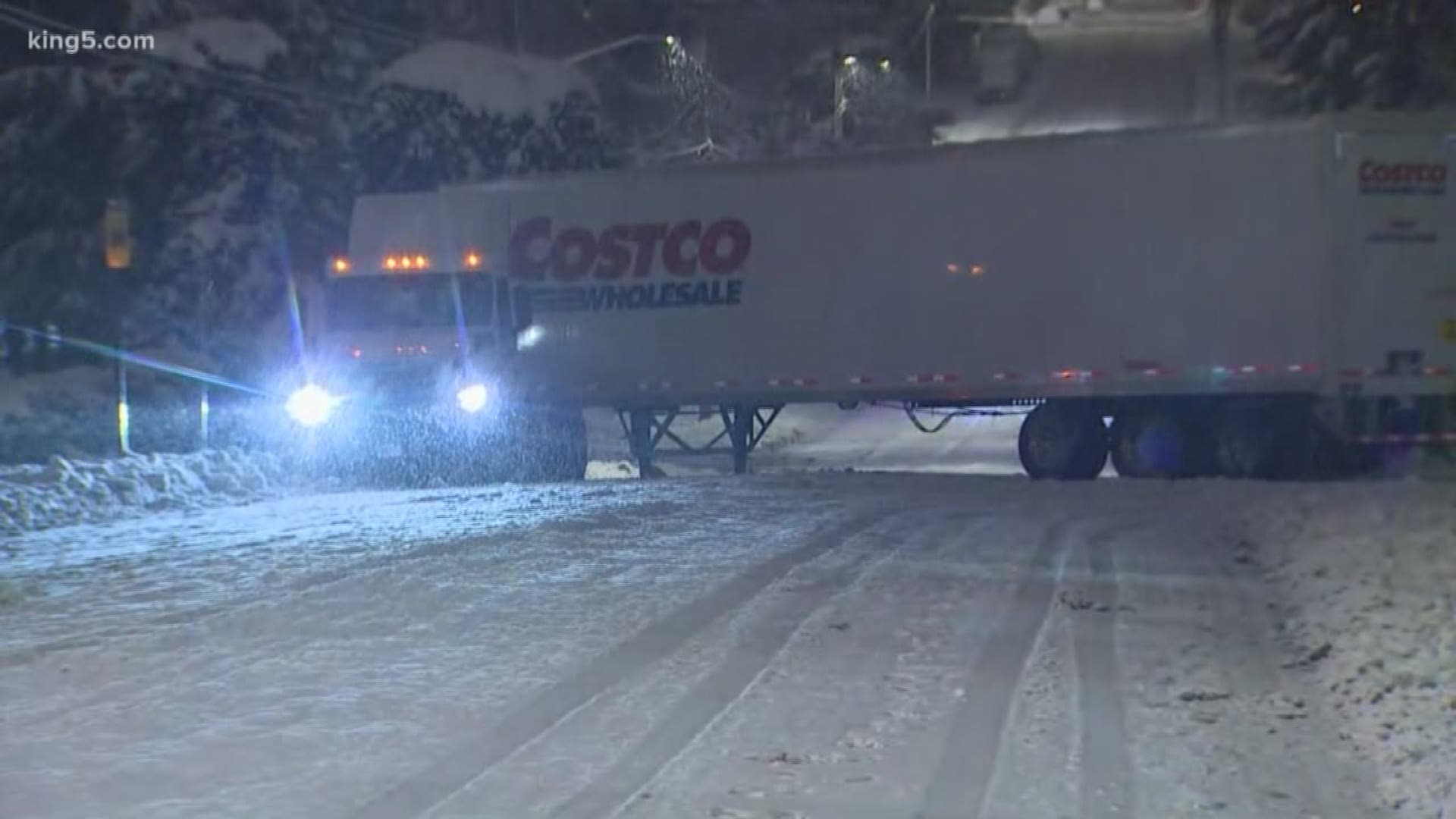 Jackknifed semi truck blocking road in Lynnwood