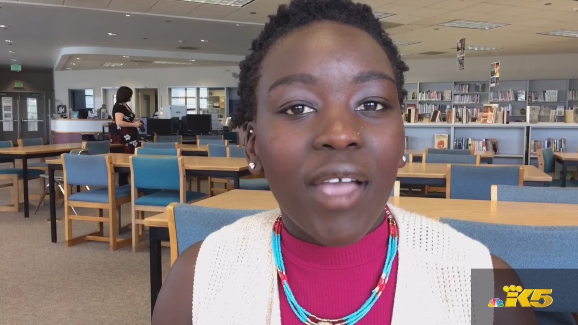 Shakila Omar, Foster High School senior and former Ugandan refugee, discusses her school.
