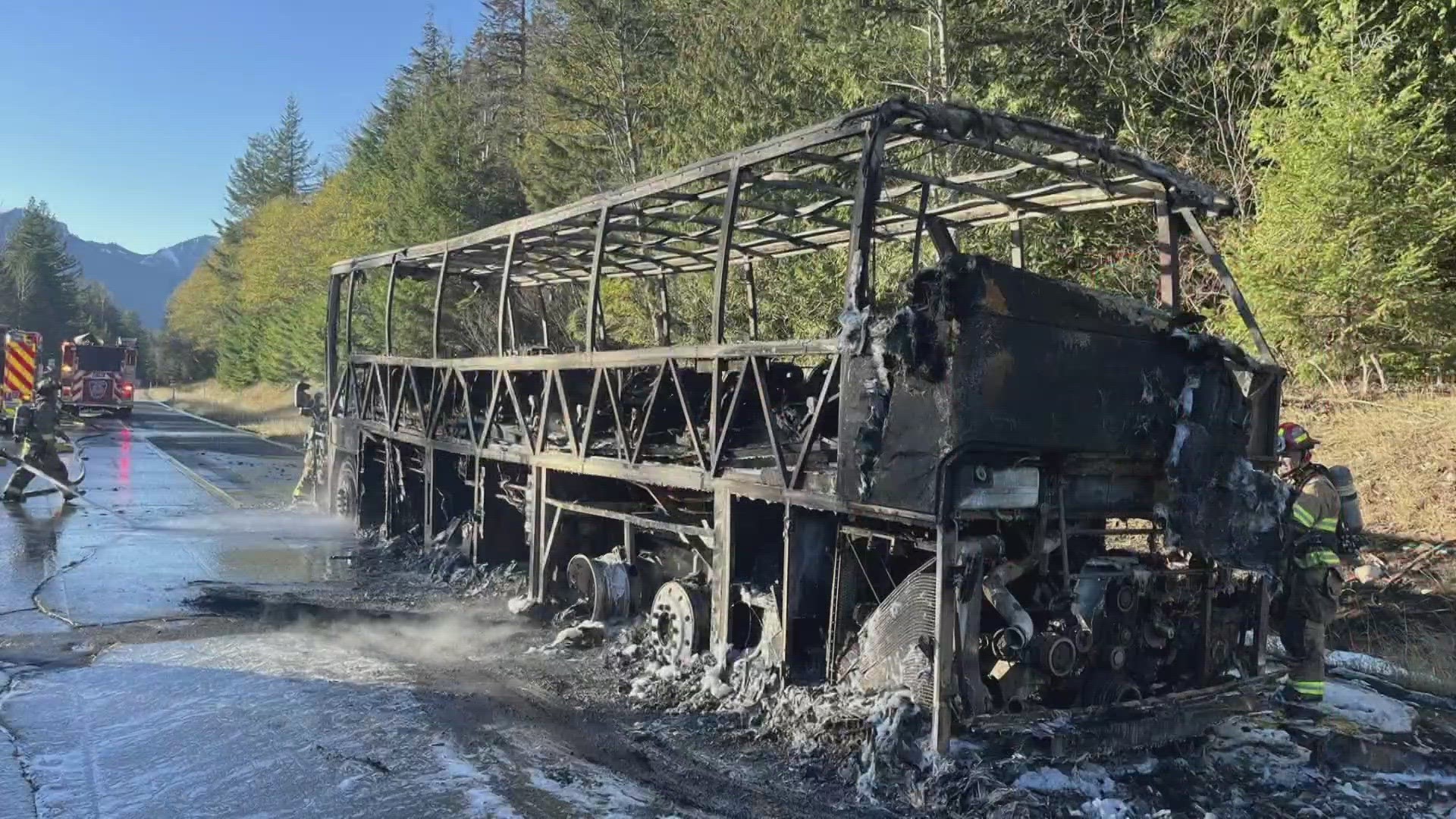 Westbound Interstate 90 at milepost 47 was backed up for a few hours after a bus caught fire with 17 people on board on Tuesday afternoon.