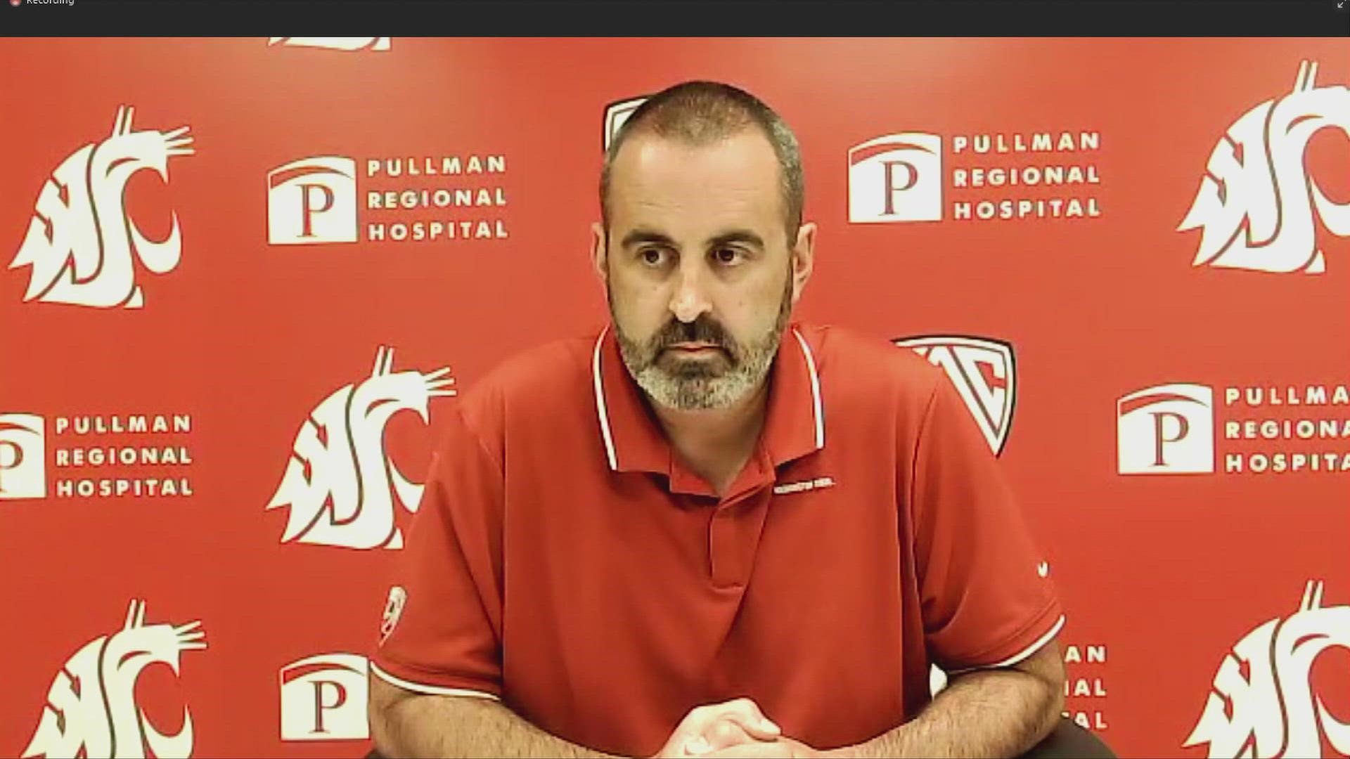 When asked if fans should be worried about Nick Rolovich remaining WSU's coach after the state's vaccine mandate deadline on Oct. 18, he said, "I don't think so.