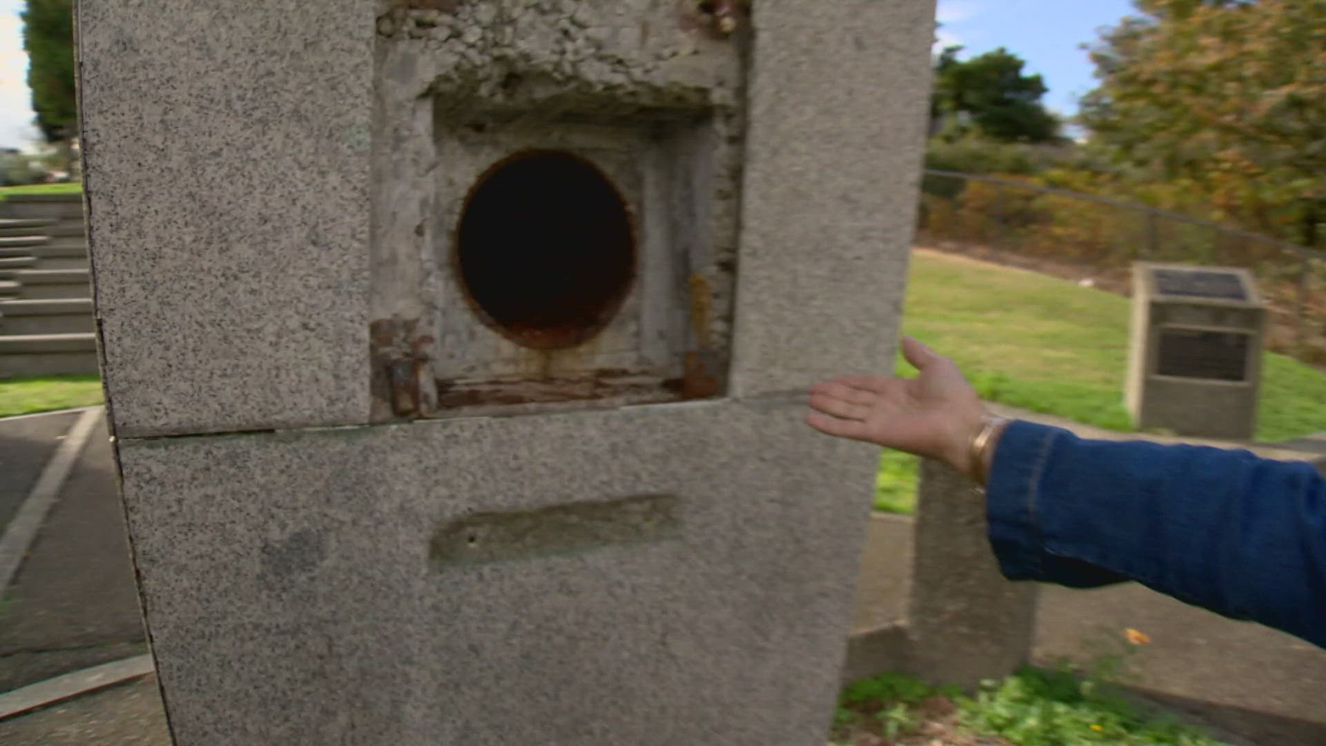 Over the weekend Theresa Guerzon was heartbroken to learn that someone lifted the bronze plaques that were bolted and glued to the rock below.