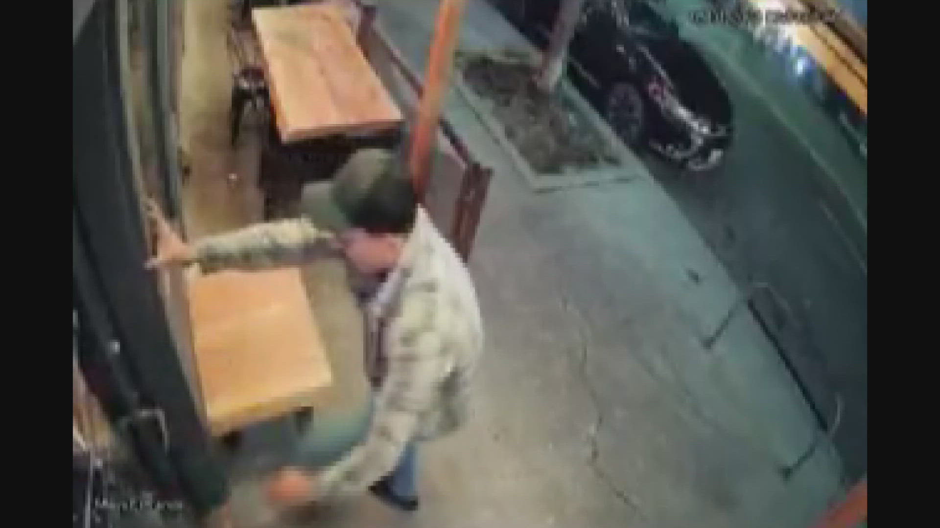 The footage shows a man kicking and shoving a door while trying to break into a Belltown restaurant around 3 a.m. on May 31.