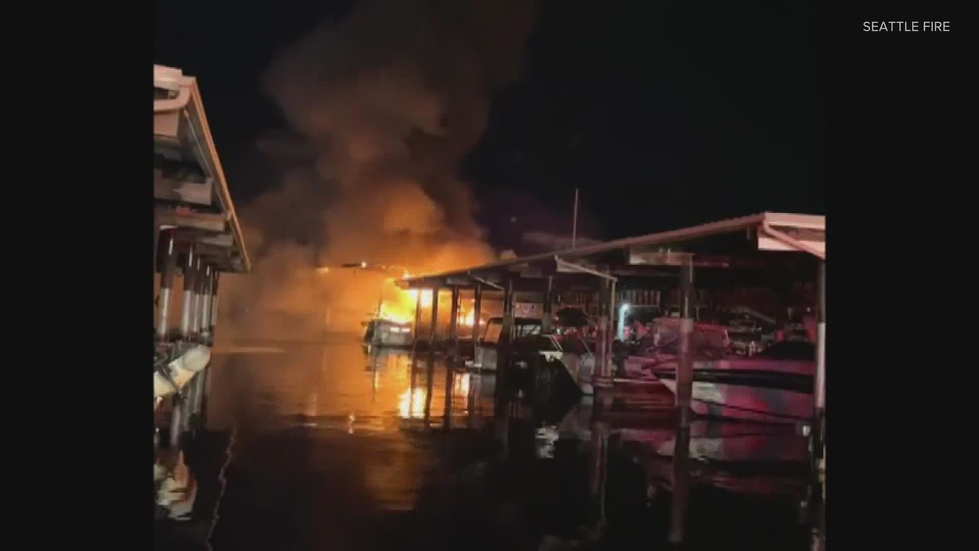 Three boats are "a total loss" after catching fire at Parkshore Marina on Lake Washington Sunday night.
