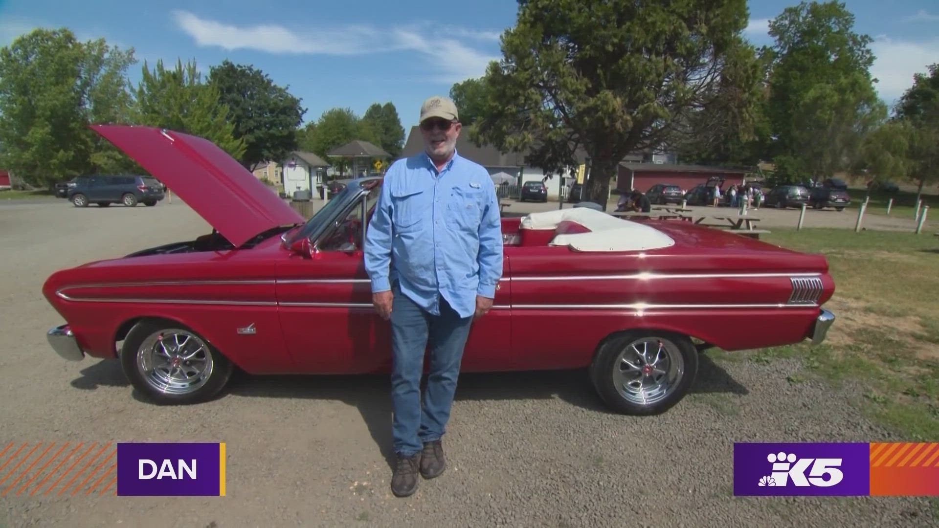 Photojournalist Diane Lewis interviews Dan from Port Gamble as he shows off his Falcon convertible. #k5evening