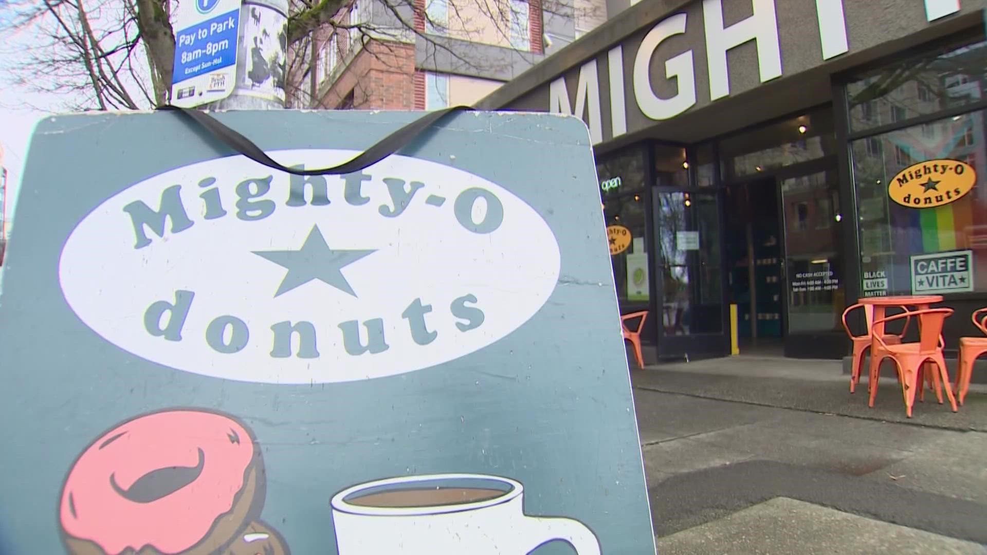 Mighty-O's Donuts in Ballard had to call Seattle police Wednesday after a woman came in and pulled out a knife.