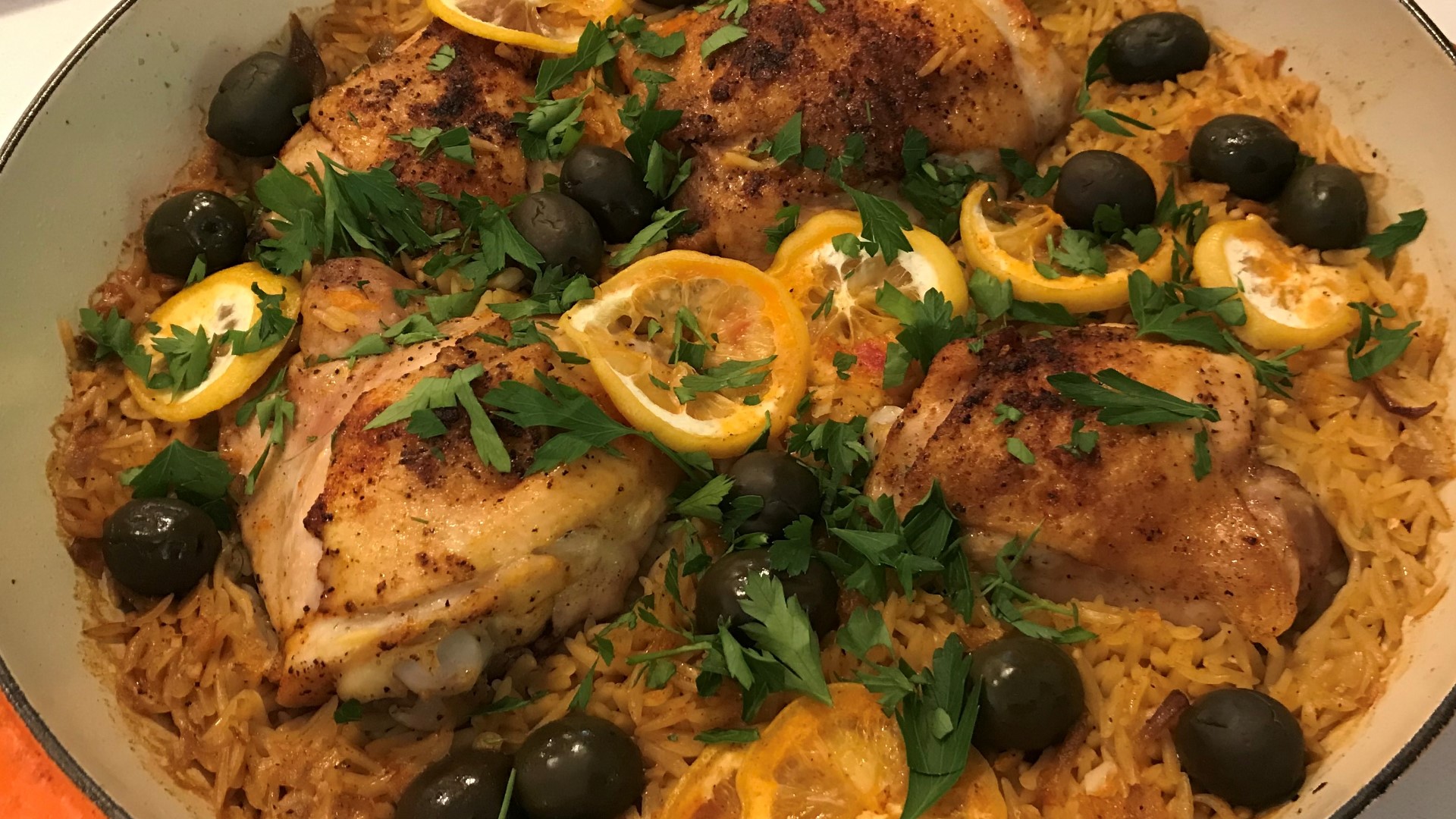 Kick off Mediterranean Diet Month with this recipe for Paprika Chicken with Olives & Orzo from popular food blog The Little Ferrraro Kitchen. #newdaynw