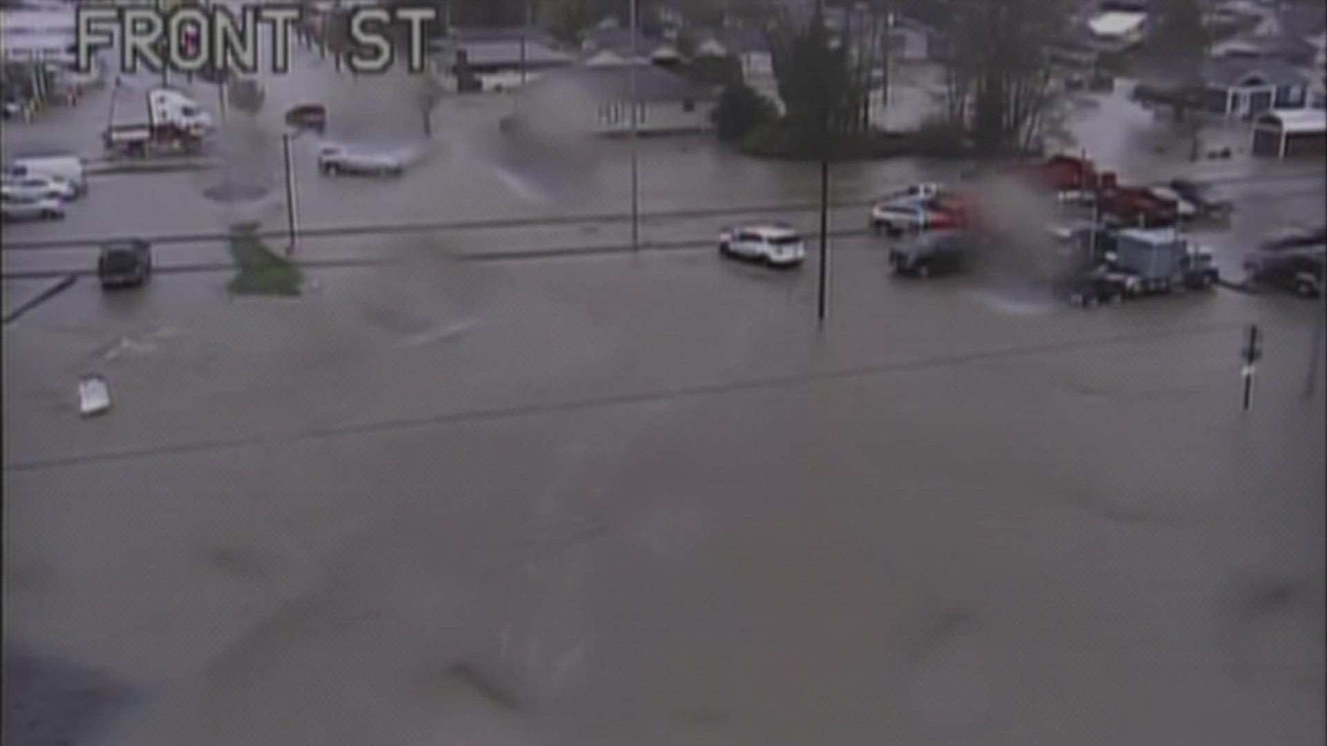 WSDOT cameras captured a look at severely flooded streets in Sumas, WA after days of heavy rain