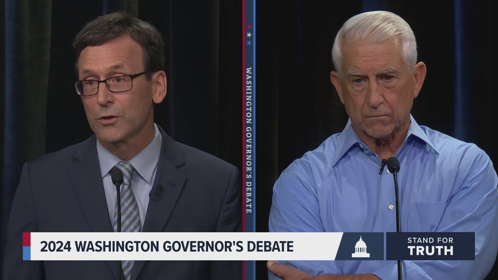 Washington state gubernatorial candidates Bob Ferguson, a Democrat, and Dave Reichert, a Republican, debate top issues such as public safety, homelessness and more.