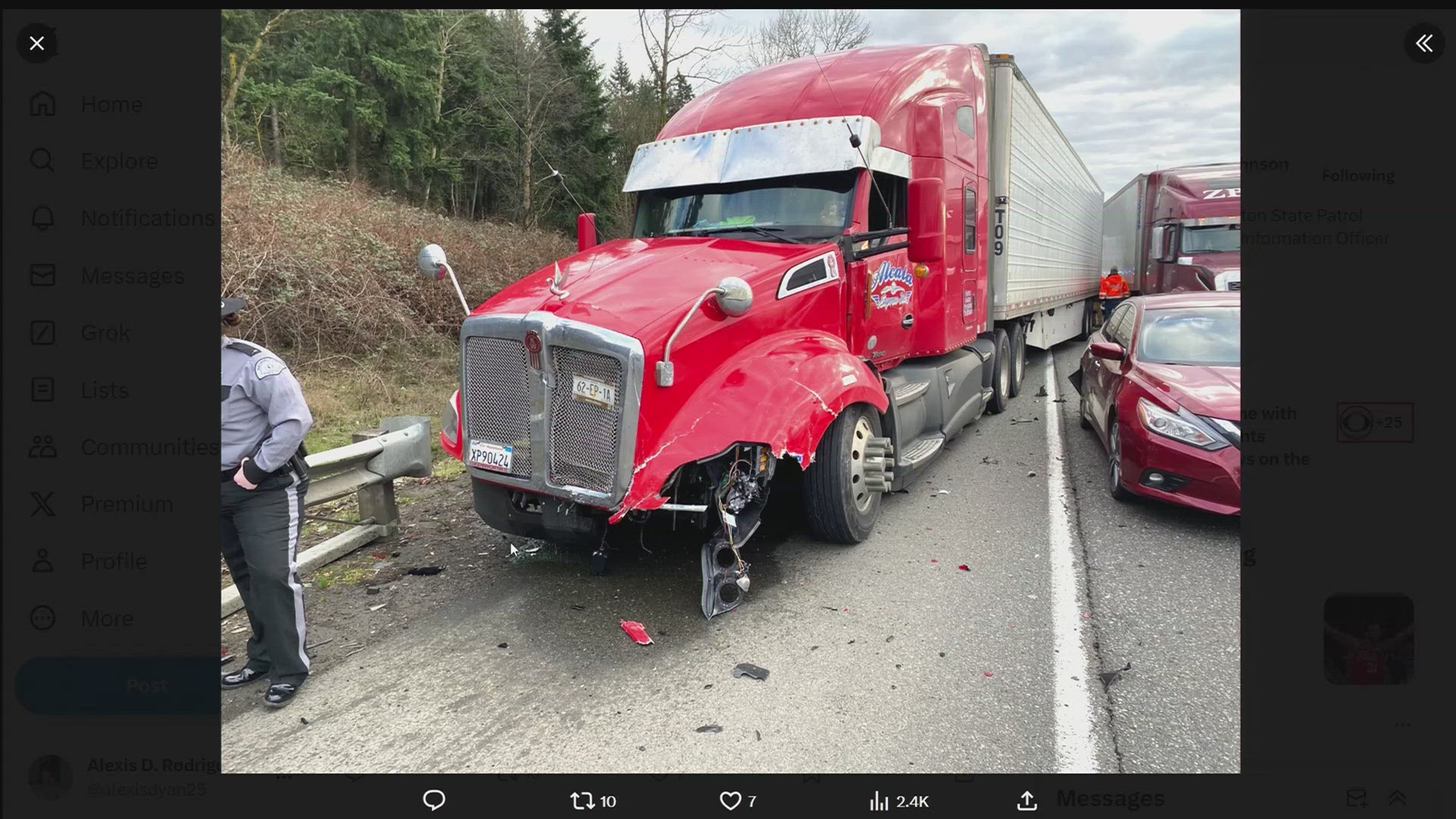 A semi-truck and three cars crashed along the highway near state Route 18.