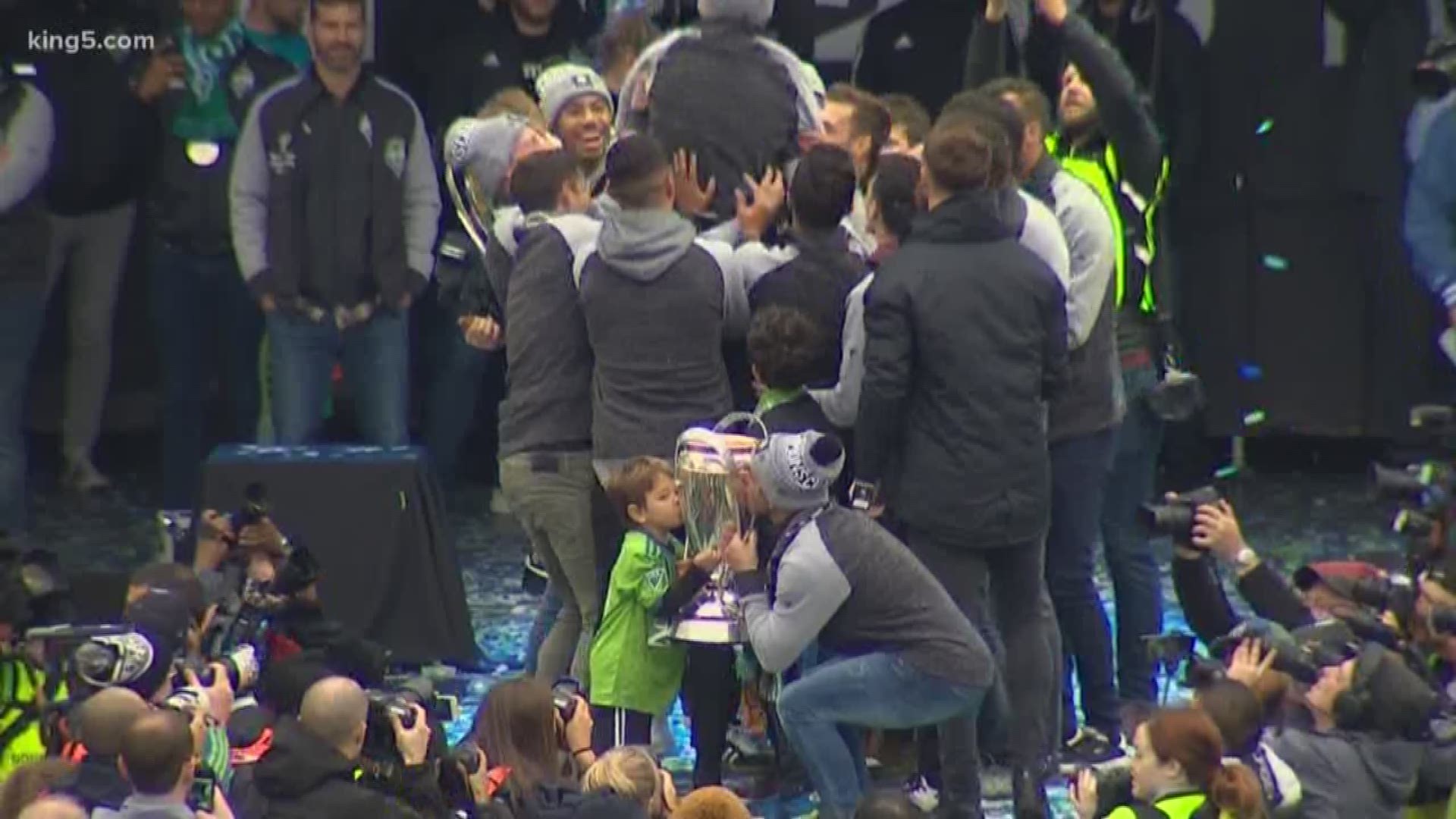 Seattle Sounders celebrate their MLS Cup victory during a rally at Seattle Center on Nov. 12, 2019.