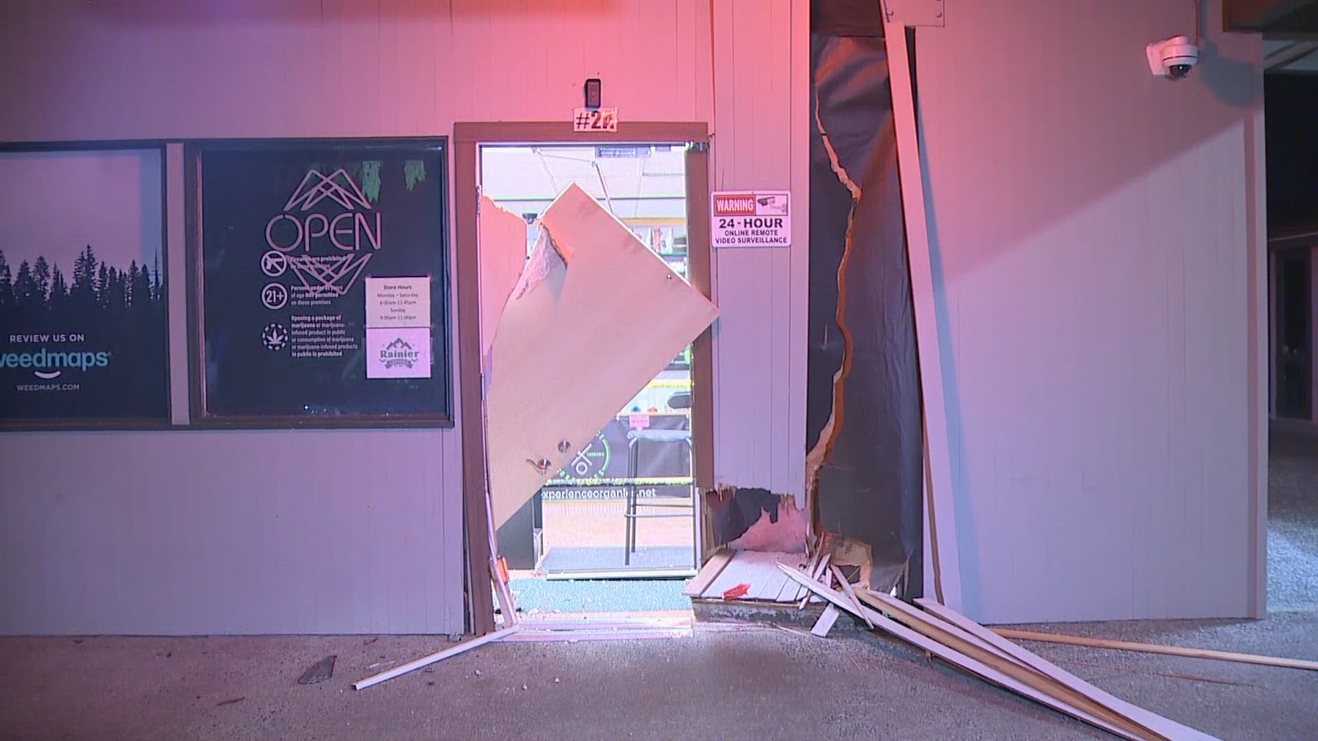 Thieves used a car to smash into Rainier Cannabis on 64th Ave W in Mountlake Terrace early Friday morning
