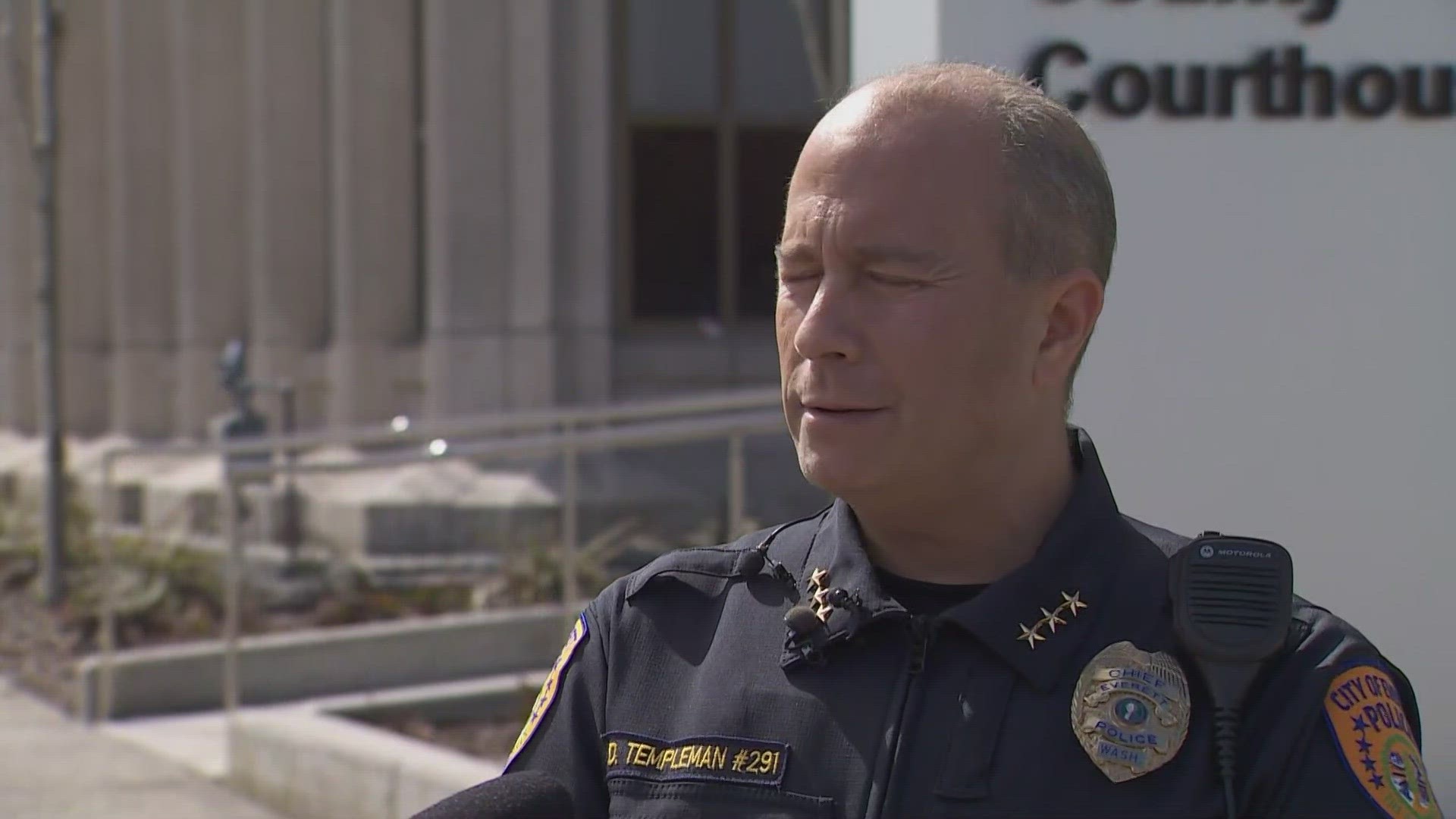 Everett Police Chief Dan Templemen spoke outside of court regarding the guilty verdict for Richard Rotter, who murdered Officer Dan Rocha in March of 2022