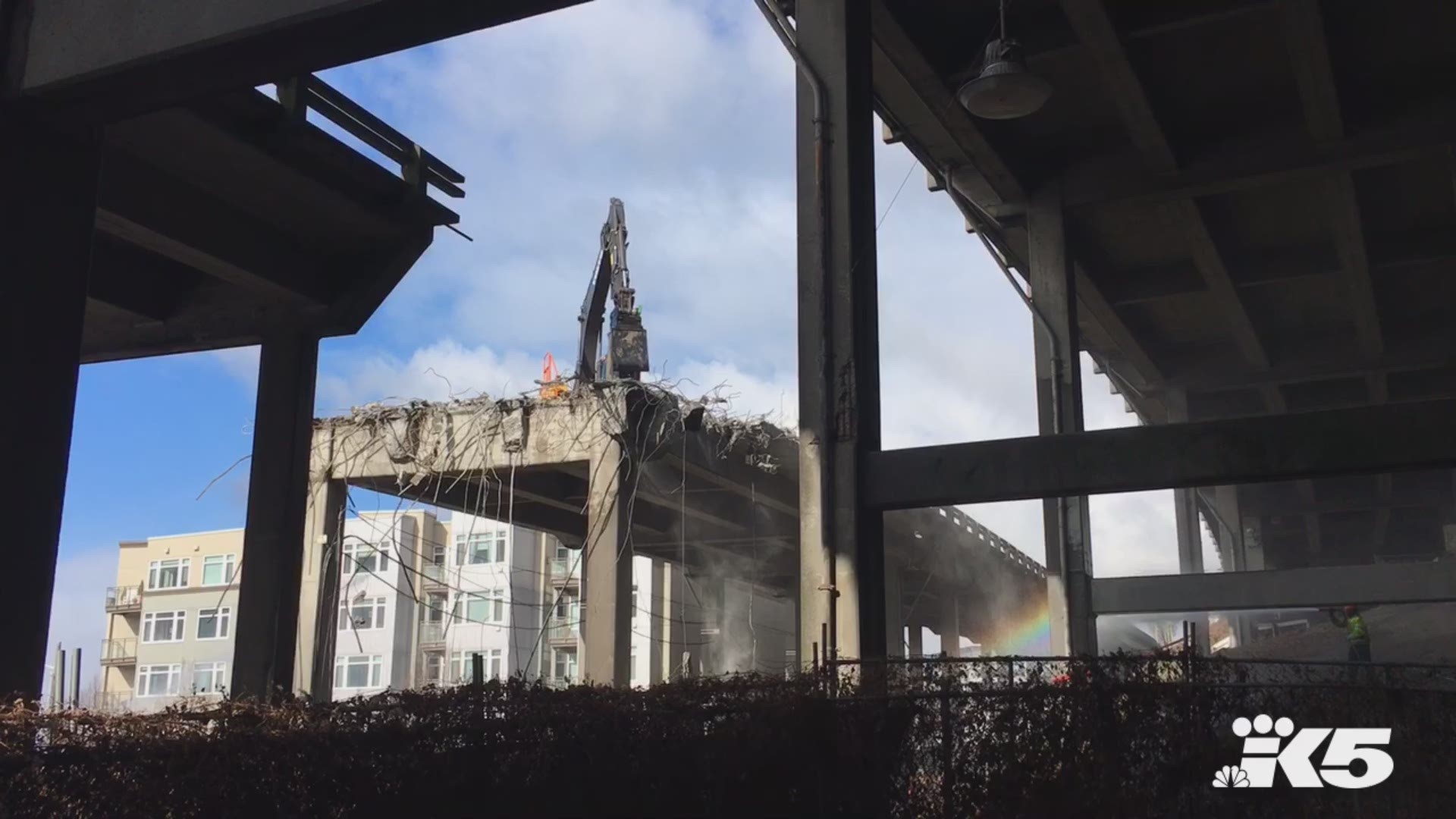 Crews tear down a portion of the Alaskan Way Viaduct on February 20, 2019.
