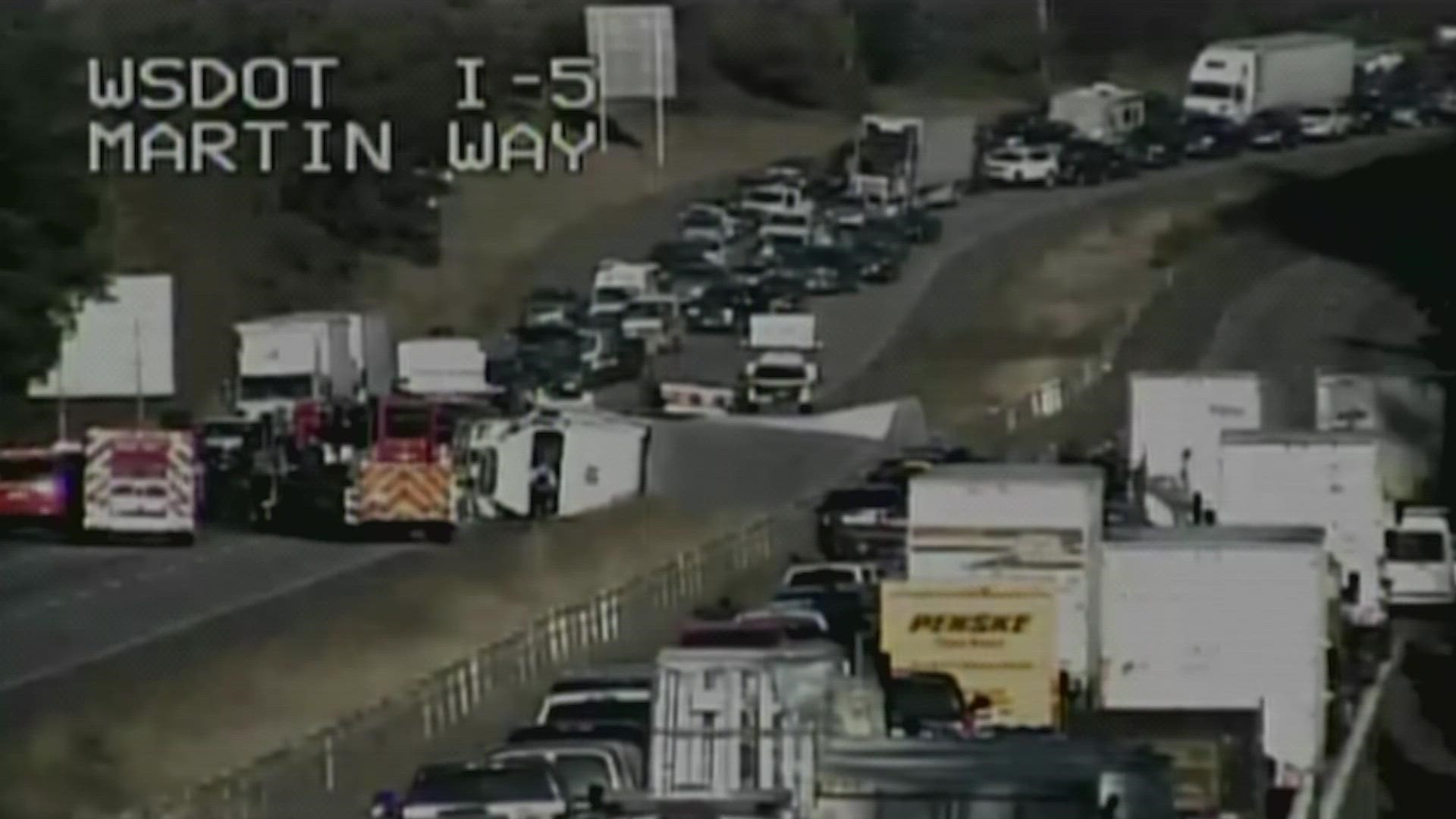 All lanes of southbound I-5 are blocked at Martin Way due to the crash.
