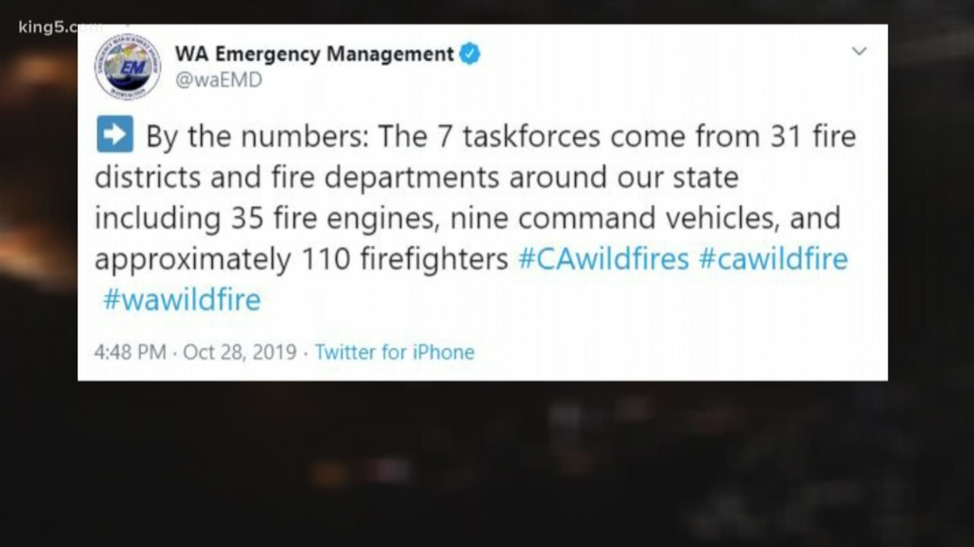 31 different districts and departments have been dispatched to help in California.  In addition to wildfire assistance, they'll also be handling standard 911 calls.