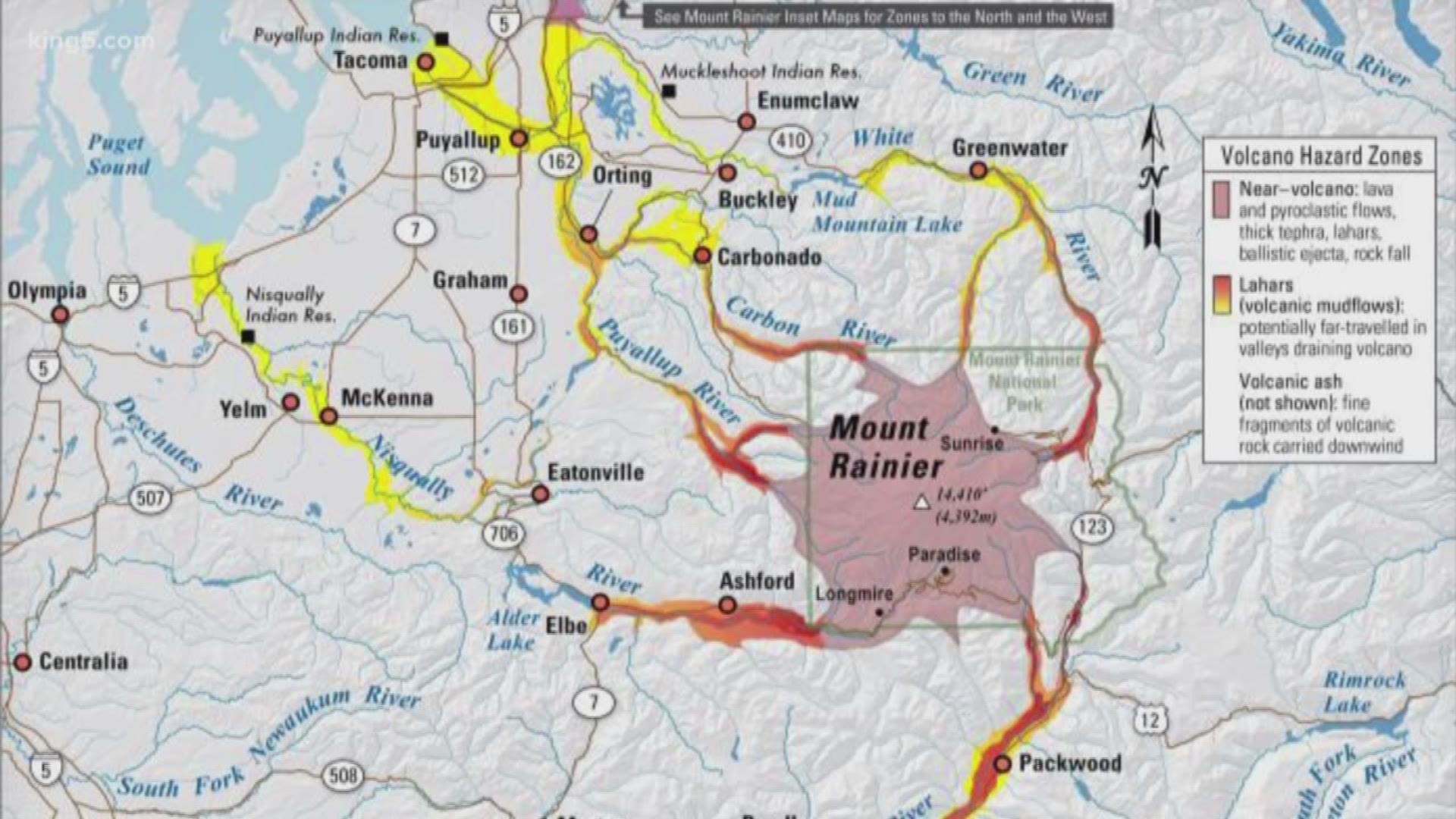 Though it doesn’t have a history of explosive eruptions, Mount Rainier is the third-highest risk volcano in the U.S. It also has the highest number of people in the downstream hazard zone, around 300,000 people.