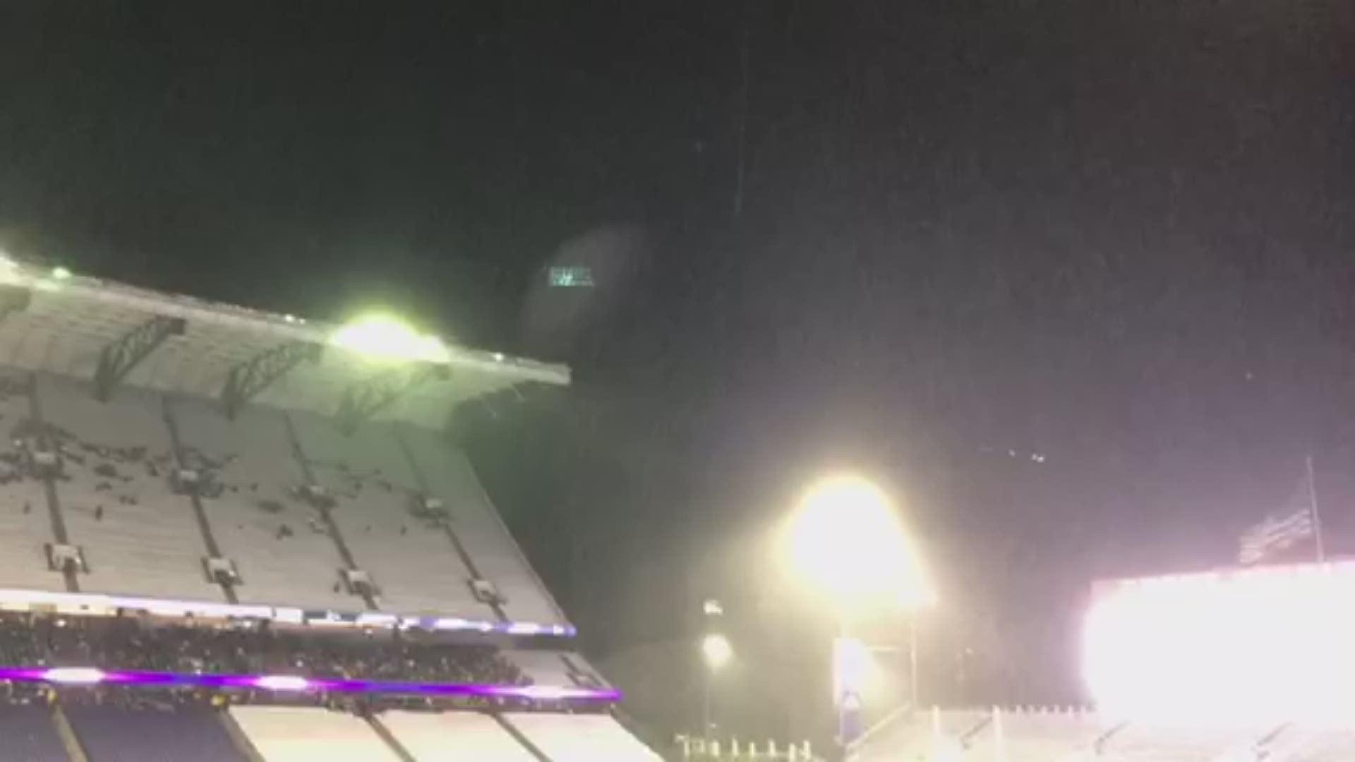 A major storm moved through the Puget Sound area Saturday night, causing power outages, street flooding, and the delay of the Washington-California game.