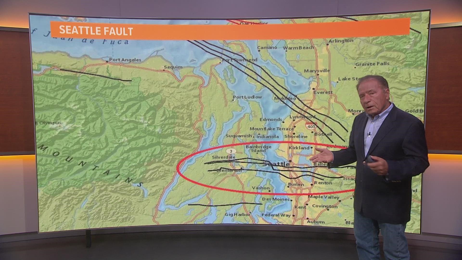 Meteorologist Rich Marriot explains where the Seattle Fault is located after the DNR released a report showing the possible impacts of a magnitude 7.5 earthquake.