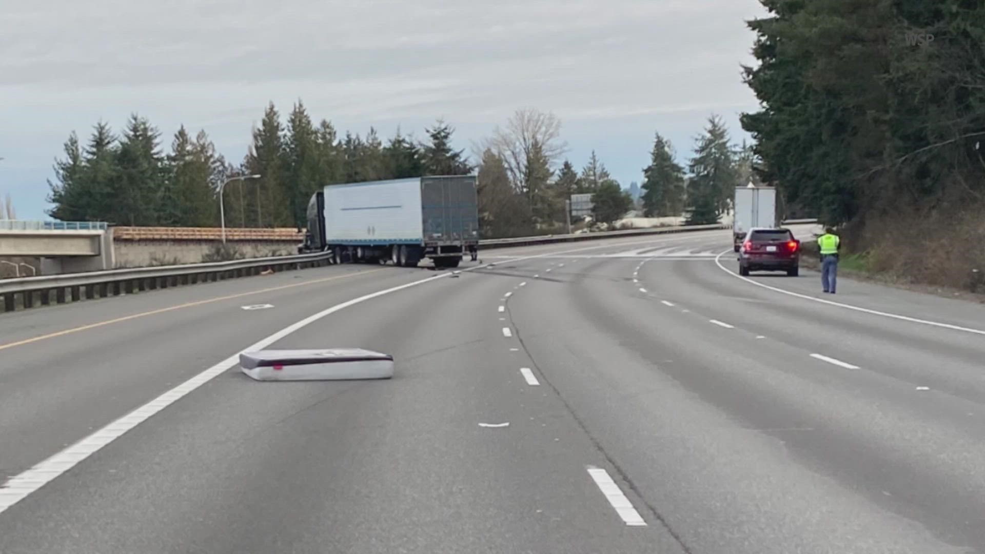 Washington State Patrol is searching for the driver who lost the mattress on Interstate 5 Saturday morning.