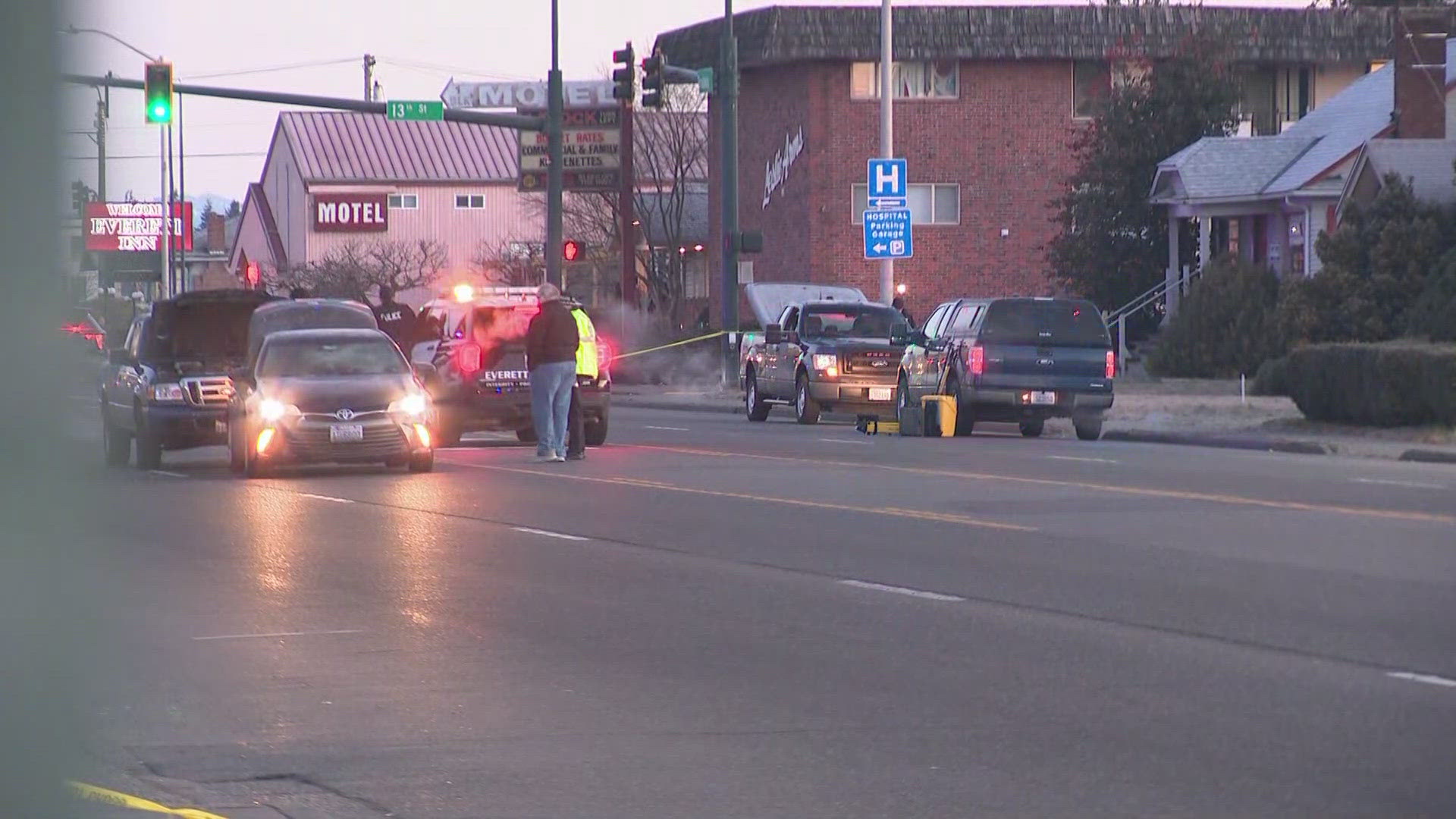One person is dead after being hit by a car near 13th and Broadway in Everett