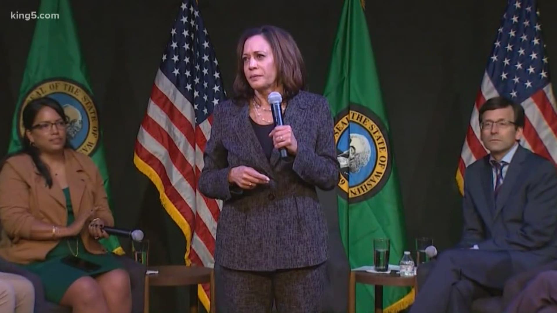 Presidential candidate Kamala Harris led a roundtable discussion on gun safety in Seattle on Friday before holding a fundraiser in Capitol Hill.