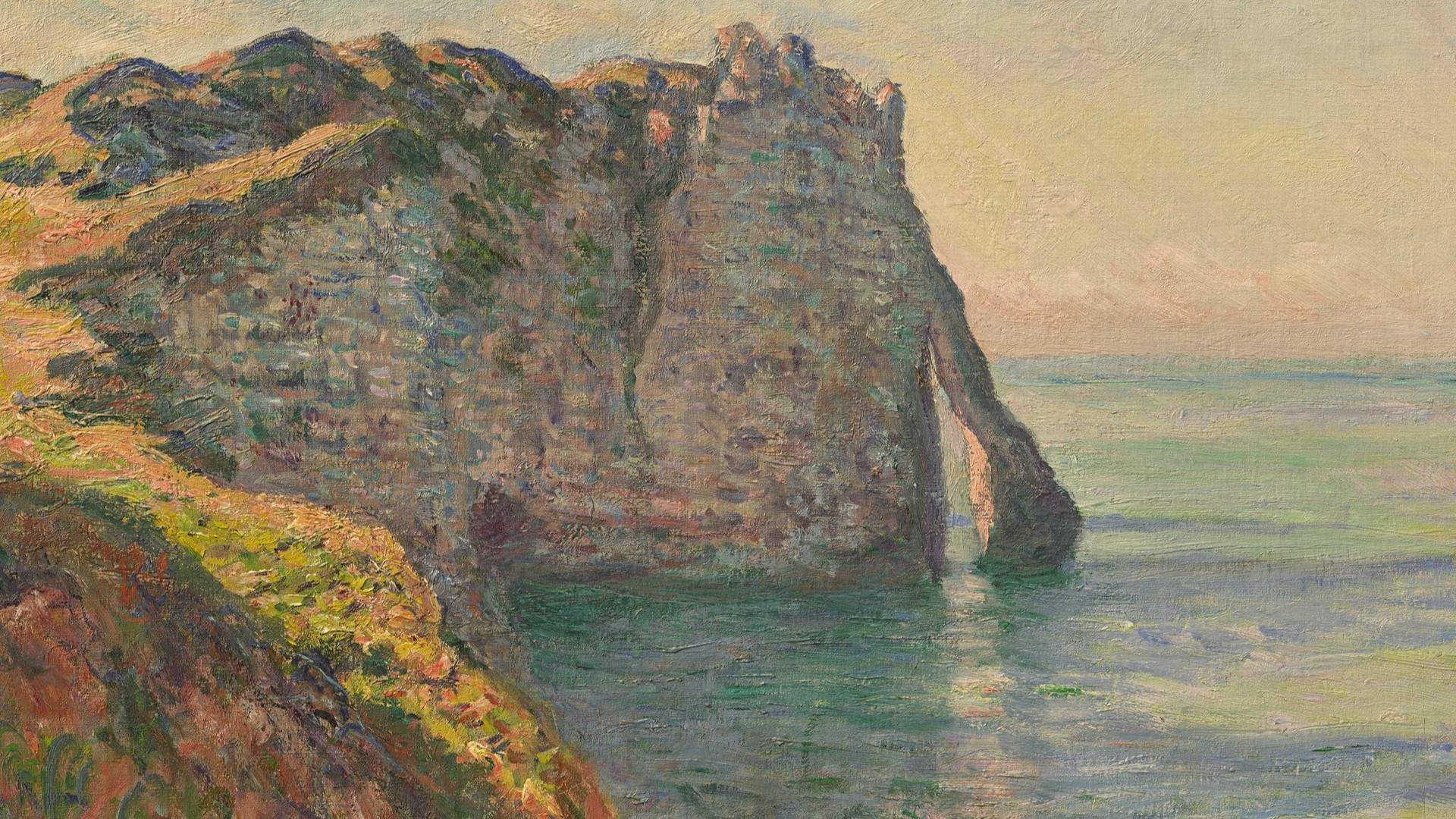 Monet at Étretat features paintings of a small seaside town and spectacular cliffs in France. #k5evening
