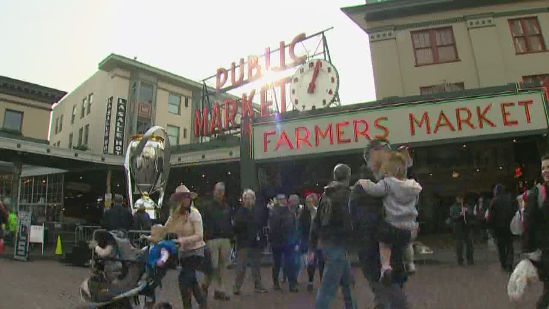 The Philip F. Anschutz Trophy was on display at Pike Place Market ahead of the MLS championship match between the Seattle Sounders and Toronto FC.