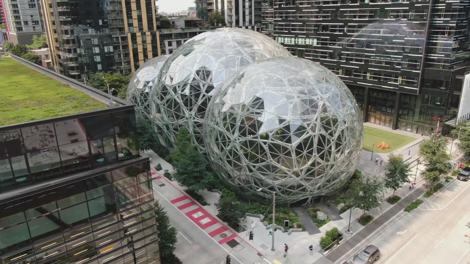 Dexter, the KING 5 drone, captures footage of the Amazon Spheres in Seattle's South Lake Union neighborhood on Aug. 5, 2021.